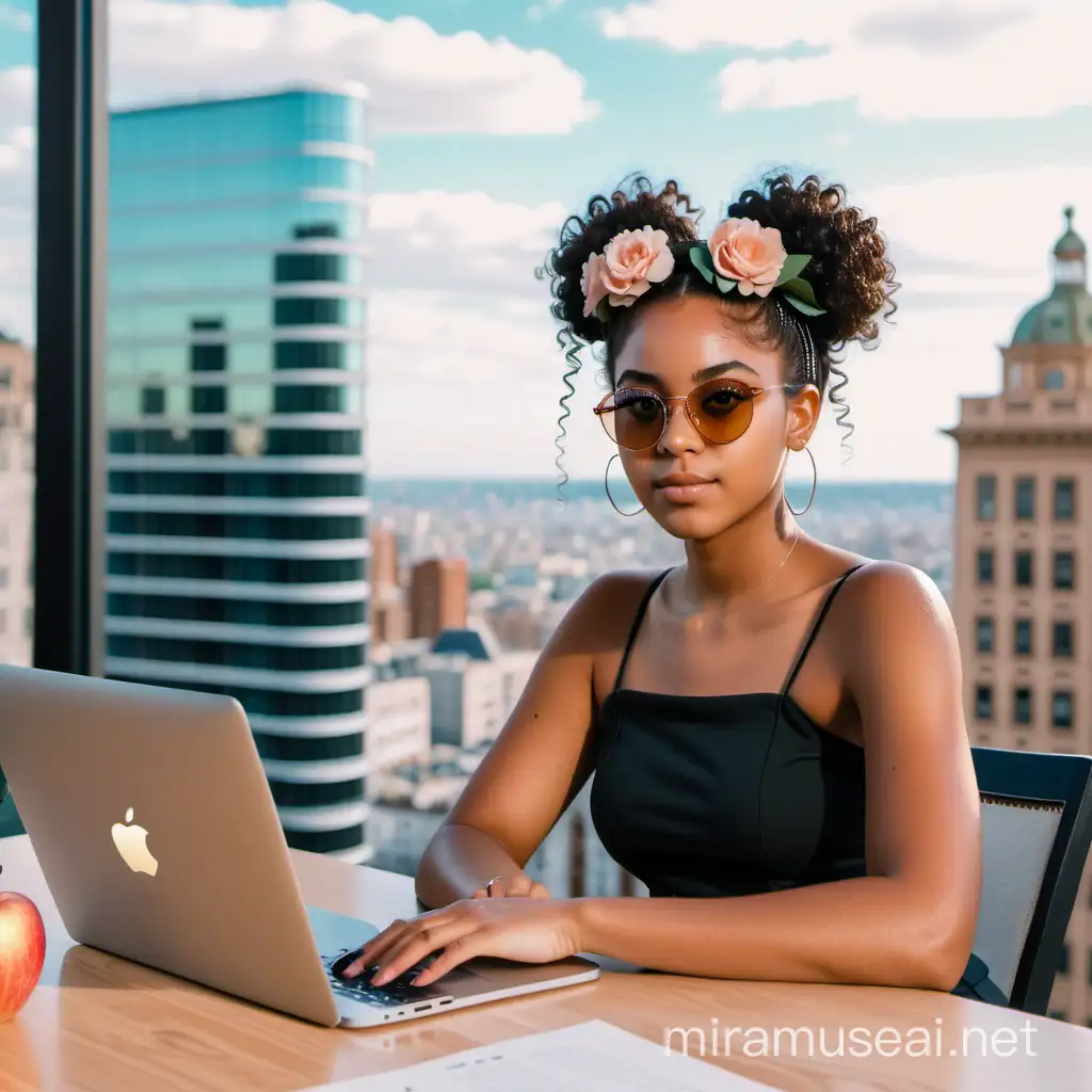 realistic 17 year old black girl, sitting at a desk with an Apple laptop, brown eyes, black curly hair in a bun, looking straight at the camera, wearing matching sunglasses, front facing, with a background of a city, with flowers on the desk, phone on the desk