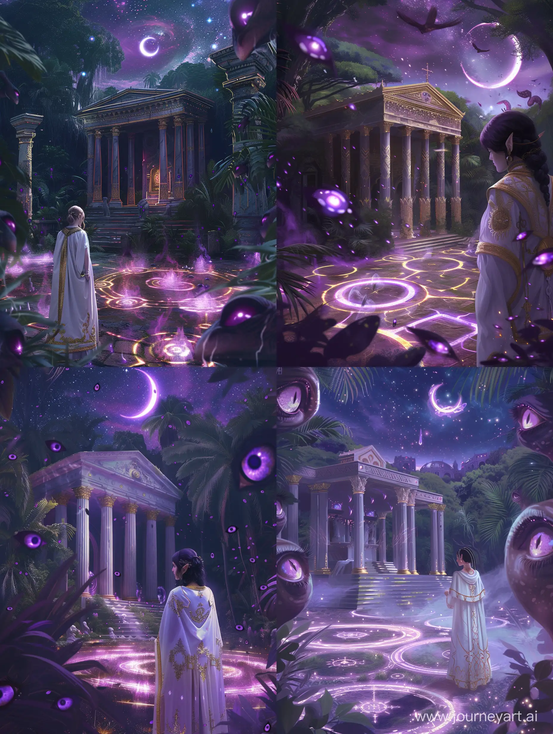 One person, Female, standing in front of a Holy shrine in the middle of a vast jungle, Elf woman, wearing a white devine mage robe with golden trims all over it, magical circles on the ground glimmering a violent purple haze, the shrine building has a Roman architecture to it as the columns have rose from the ground, the jungle is full of purple eyes looking at the woman as she is praying in the shrine, there is a holy atmosphere in the shrine, the sky is full of stars and the prefect moon Cresent is shining with a purple colour 