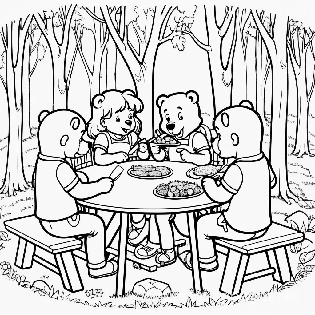 Goldilocks and the three bears eating at a picnic table in the woods, in a circle, isolated in white space, Coloring Page, black and white, line art, white background, Simplicity, Ample White Space. The background of the coloring page is plain white to make it easy for young children to color within the lines. The outlines of all the subjects are easy to distinguish, making it simple for kids to color without too much difficulty