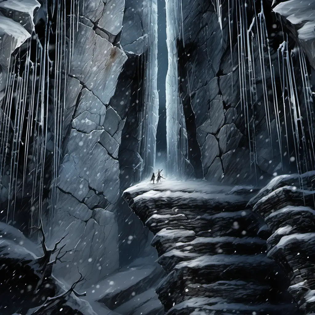 genera una ilustración estilo Luis Royo respetando la imagen original. Grieta horizontal en la pared de roca de una montaña nevada. Luz fría y etérea, mucha nieve, luces en la grieta