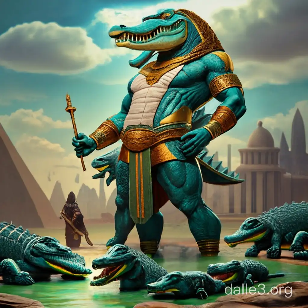 Generate a hyper-realistic DALL-E image of Sobek, the crocodile-headed god, with a human body, leading his army of intricately detailed crocodiles in a 3D-art-inspired scene. Capture the power and majesty of Sobek in this visually stunning composition.