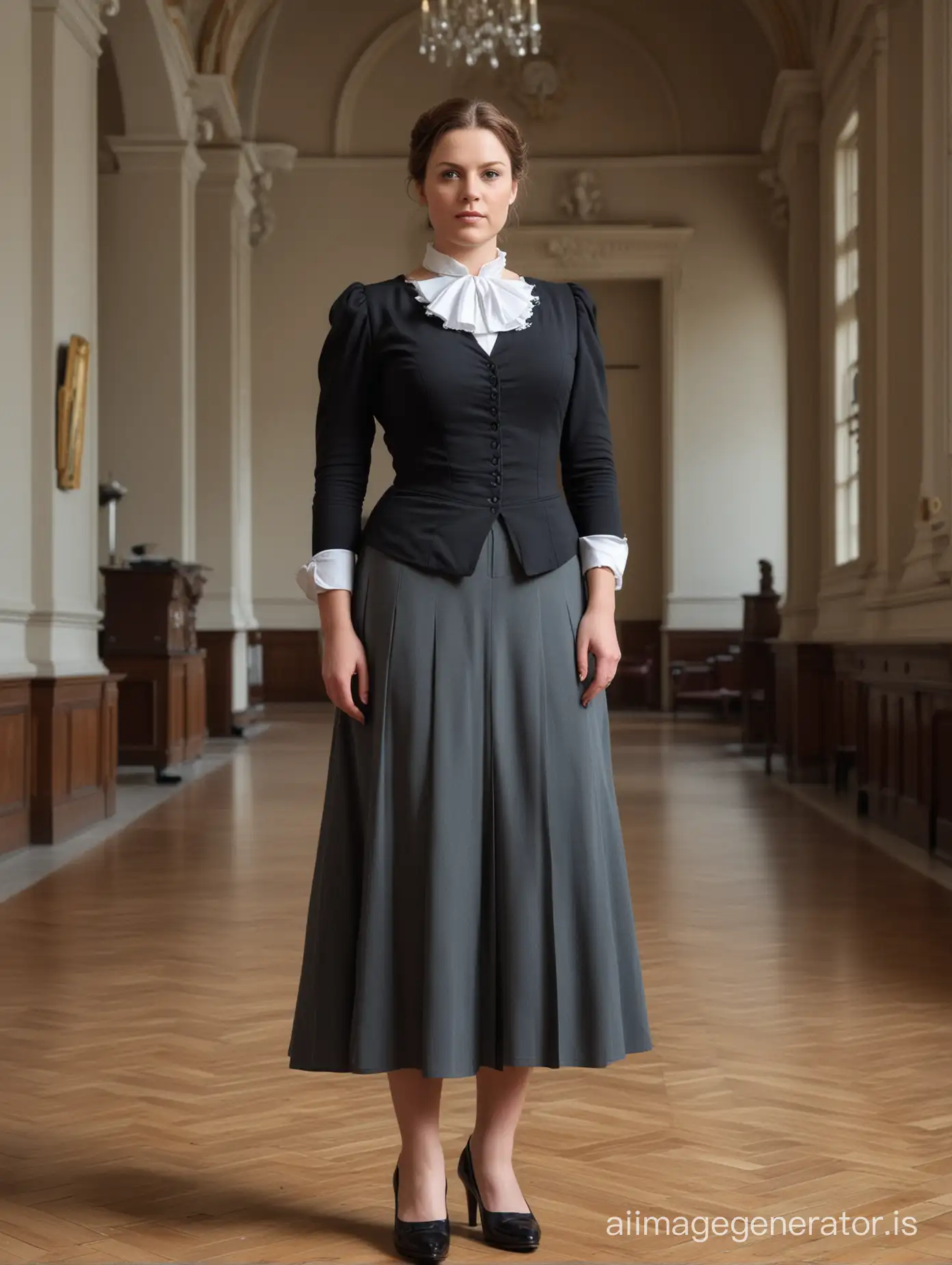 full size picture of a strict German governess standing in a large hall, 40 years old, curvy figure, waiting for you, looking at you, stern face, strong upper arms, very wide hips, long pleated skirt, holding a razor strap in right hand, ultra-realistic