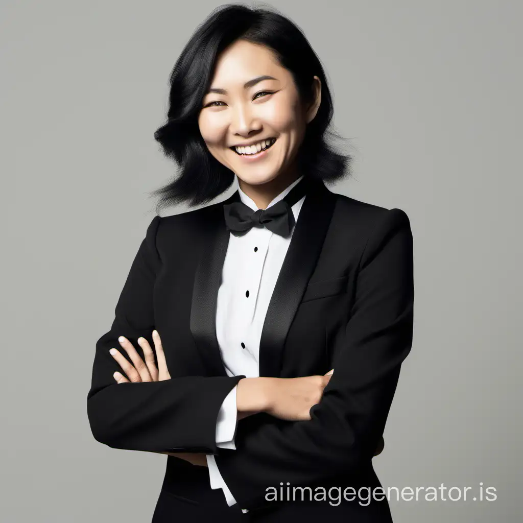 smiling and laughing asian woman with shoulder length hair and her arms crossed wearing a tuxedo