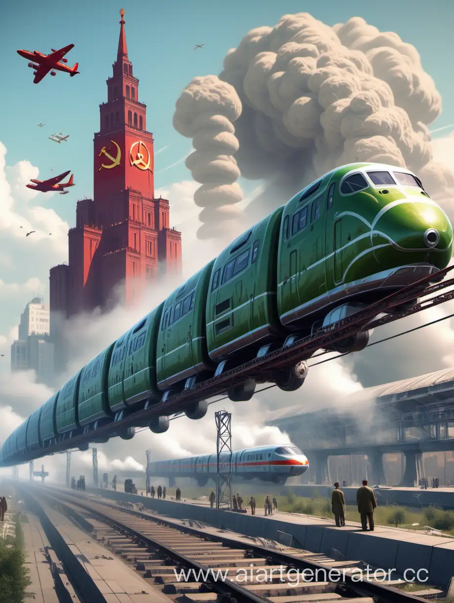 Нарисуй СССР в 2024 году, с летающими поездами, динозаврами, атомными поездами