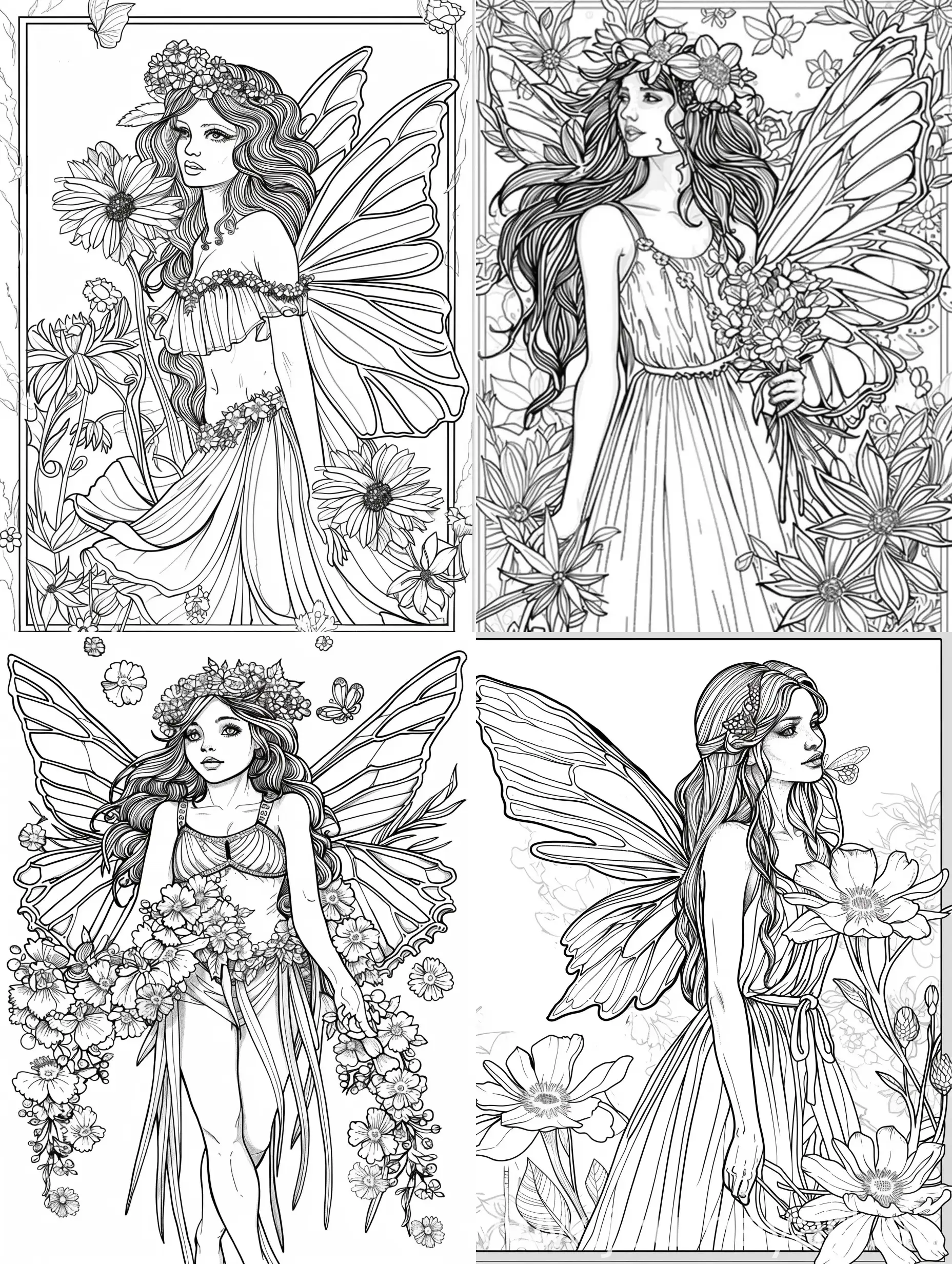 generate on coloring book page of a fairy with flowers
