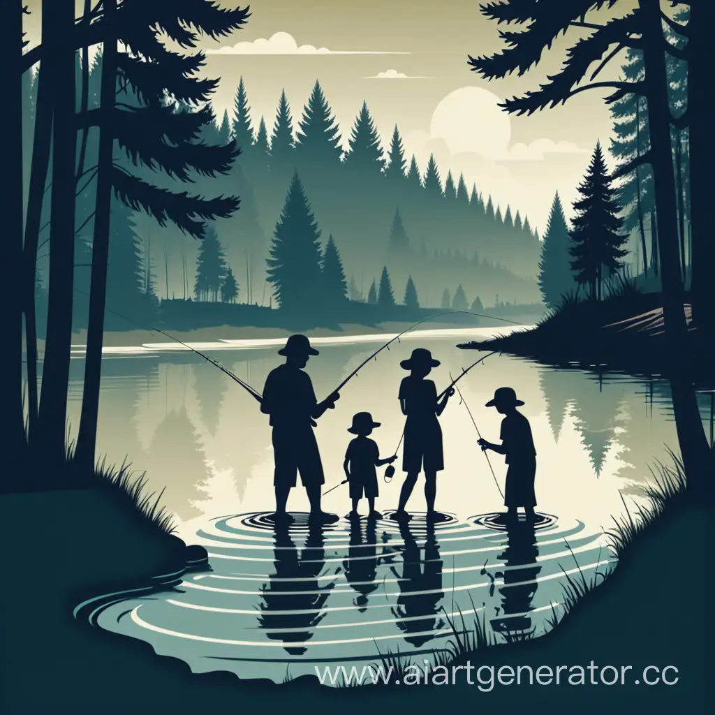 Family with buckets and fishing rods on the background of a river and a forest, a shadow, retro logo