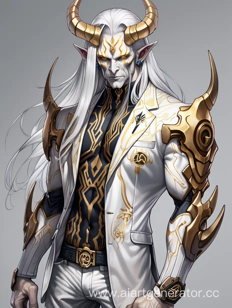 Demon, athletic body, long white hair, cyberpunk white and golden suit, rune tattoo, horns, male character