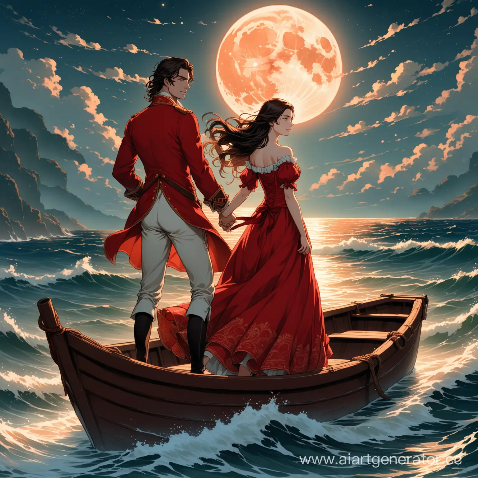 Окрасился месяц багрянцем, где волны бушуют у скал. 18 век, поздний вечер, на морских волнах у берега, отливающих красным, покачивается лодка. Стоя в лодке красивый молодой человек уговаривает красивую девушку покататься с ним. Лица хорошо прорисованы.