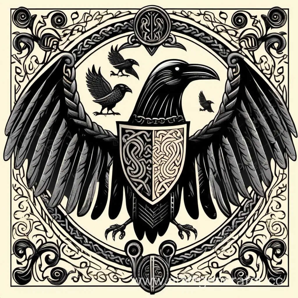 Герб в скандинавском стиле с изображением воронов и узоров викингов