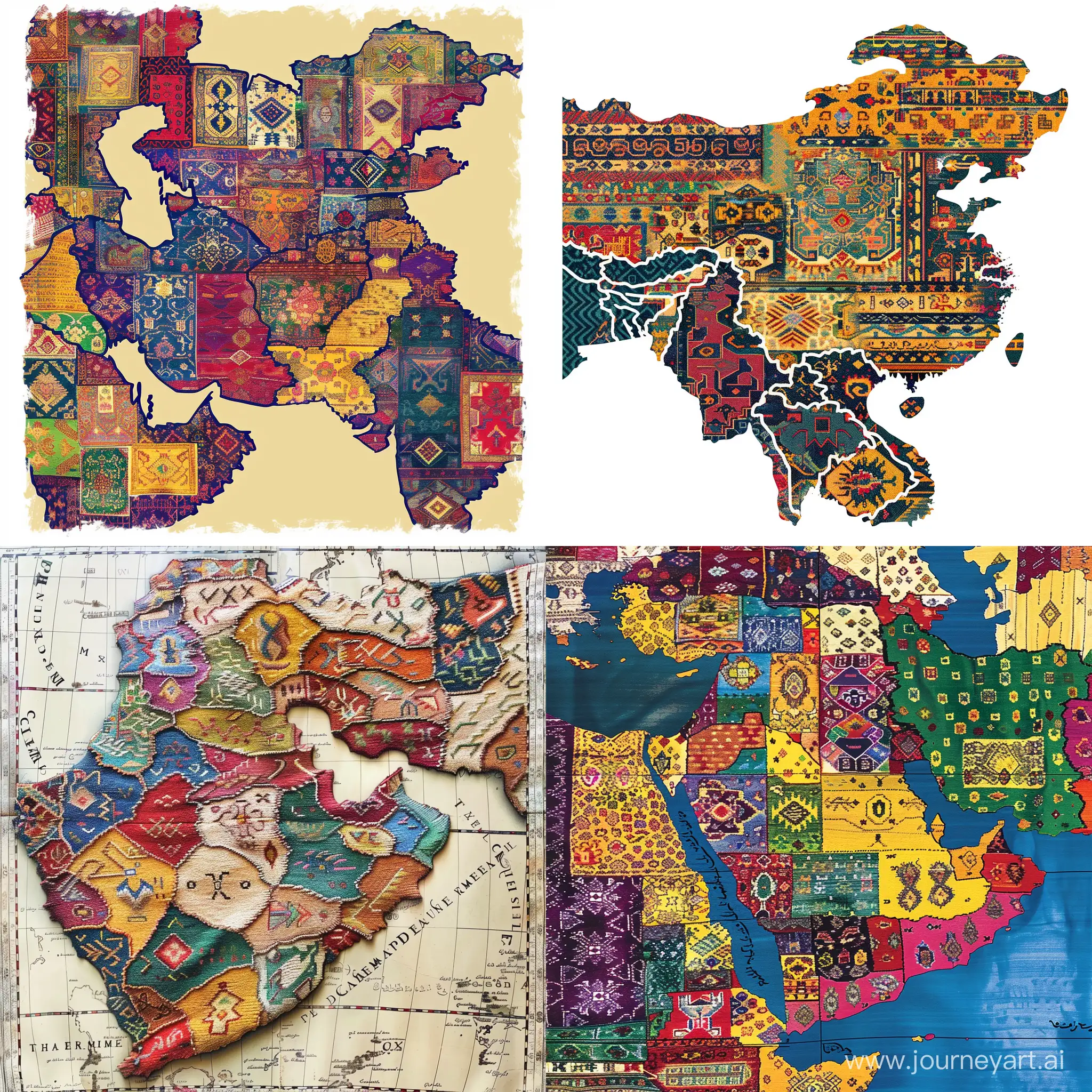 Map of Iran but filled with Iranian rug patterns from different colors 