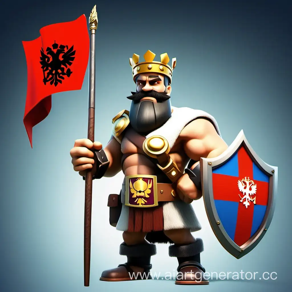 The king of the barbarians from clash of clans with right-wing views with the flag of the Russian Empire and the Russian Federation