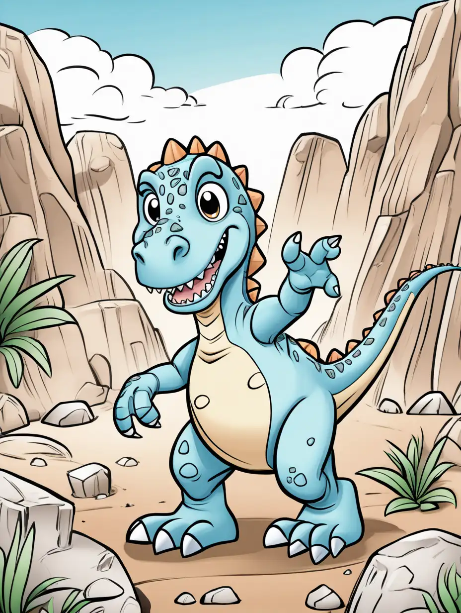 cartoon dinosaur, playing in a rocky open area, kids coloring page, no shading