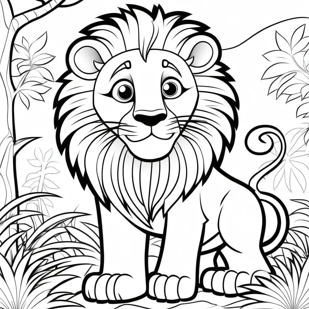 Friendly Cartoon Lion Coloring Page with Detailed Features