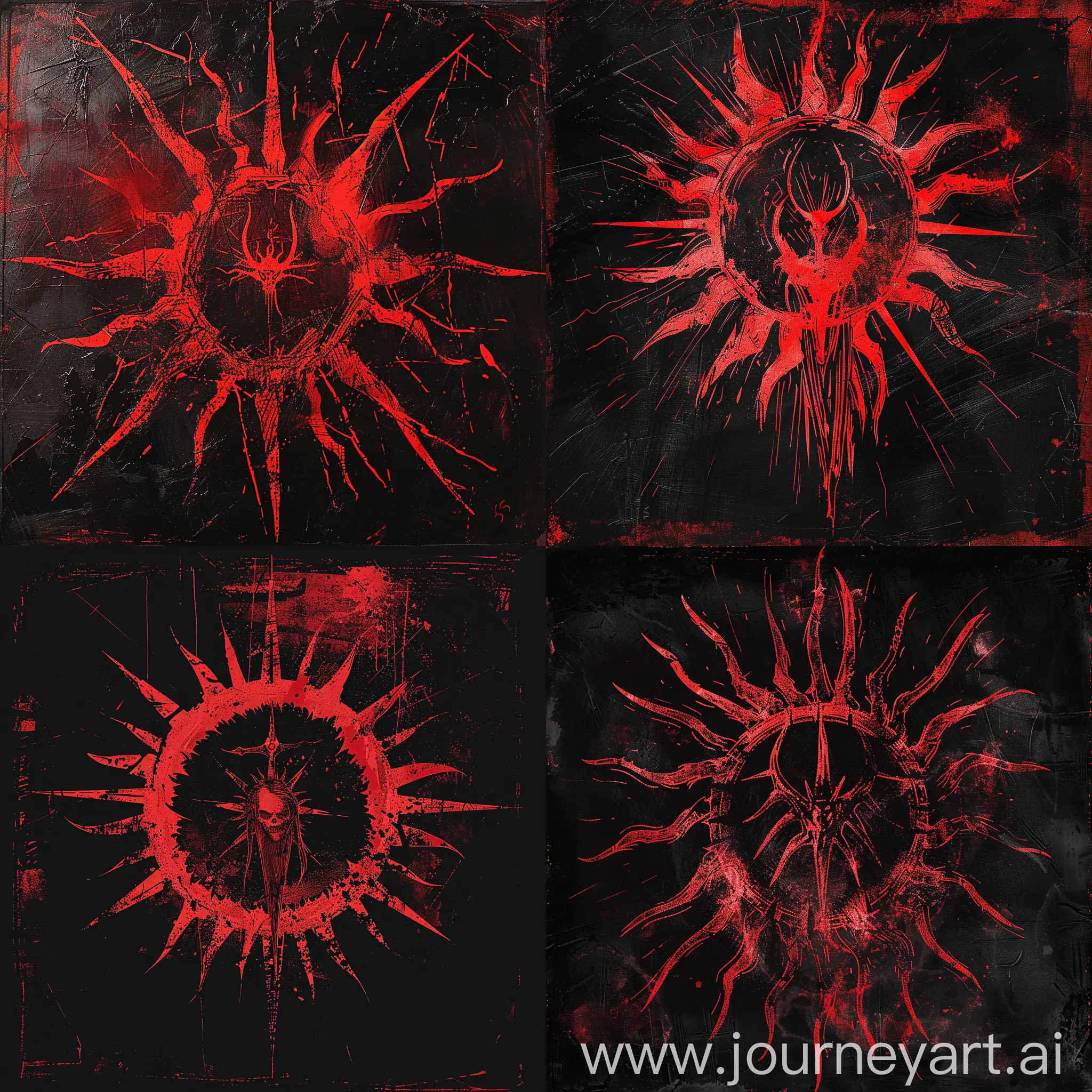 /imagine prompt: A logo for a death metal band, chalk-like drawing of a sun with jagged rays on a dark background, with a demonic figure in the core. Created Using: red chalk texture, rough strokes, dark and red tones, hand-drawn gothic aesthetic, stark red on black contrast, hd quality --ar 1:1 --v 6.0

