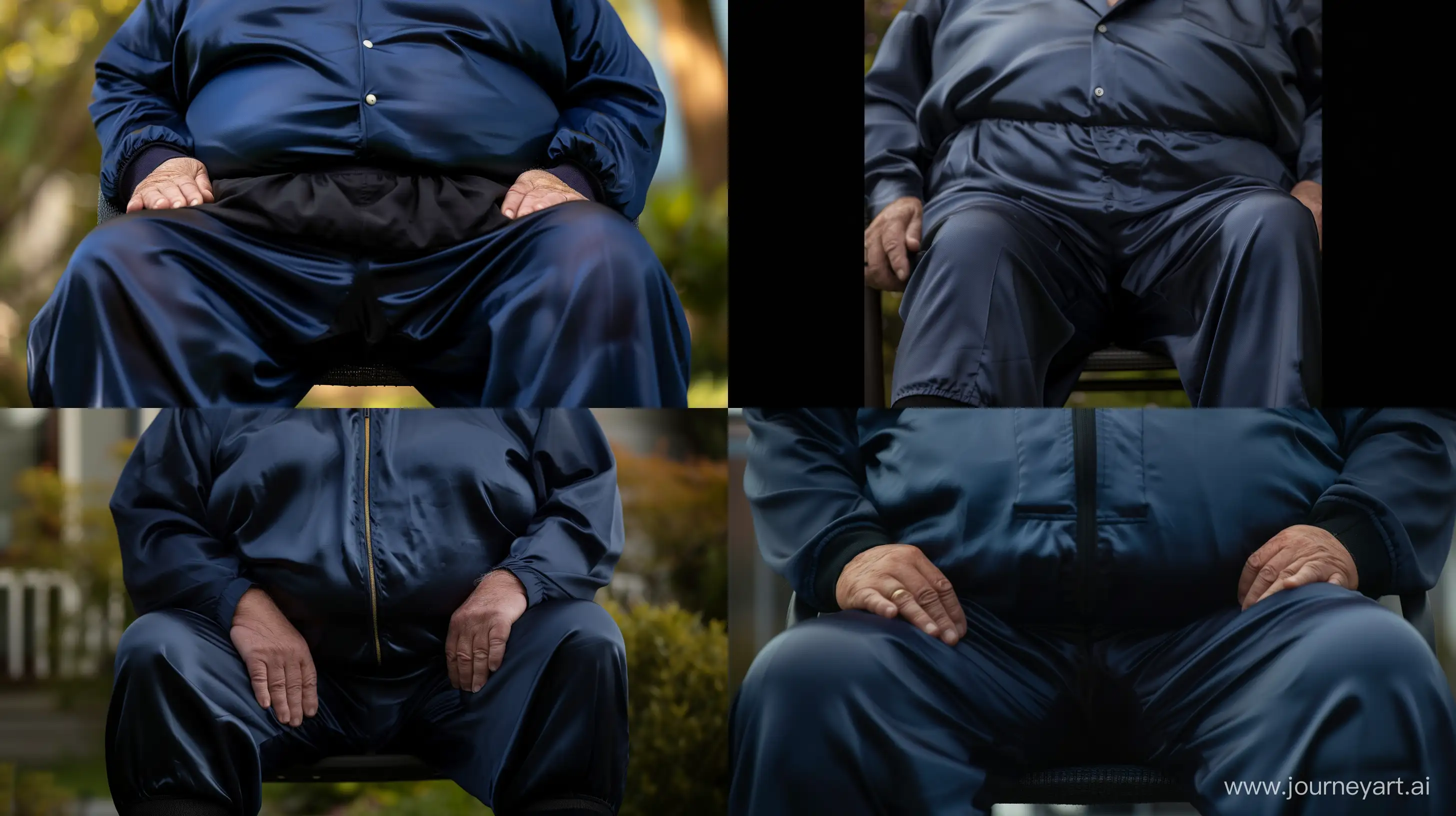 Photo centered on the waist of a fat man aged 60 wearing a tight silk navy tracksuit and black shins. Sitting Outside. Hands in Pockets. --style raw --ar 16:9