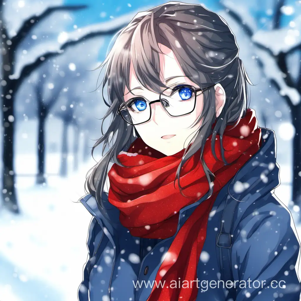 Аниме девушка с синими глазами в очках и красном шарфе зимой на фоне снега
