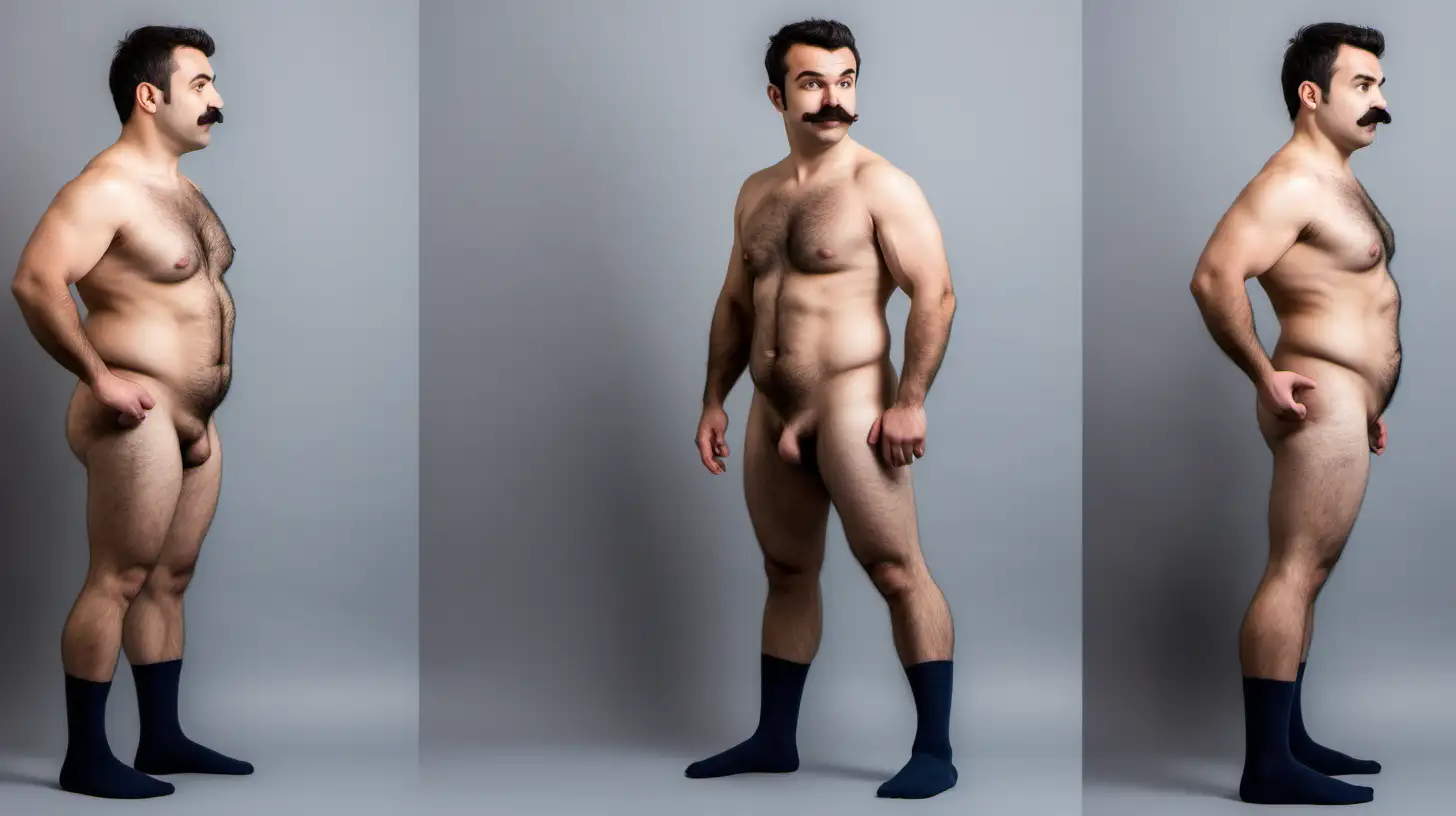 full length turn around portrait of a nude thick athletic hairy man who looks exactly like Alexandre Despatie with a mustache, wearing socks. dynamic pose. front view, side view, back view
