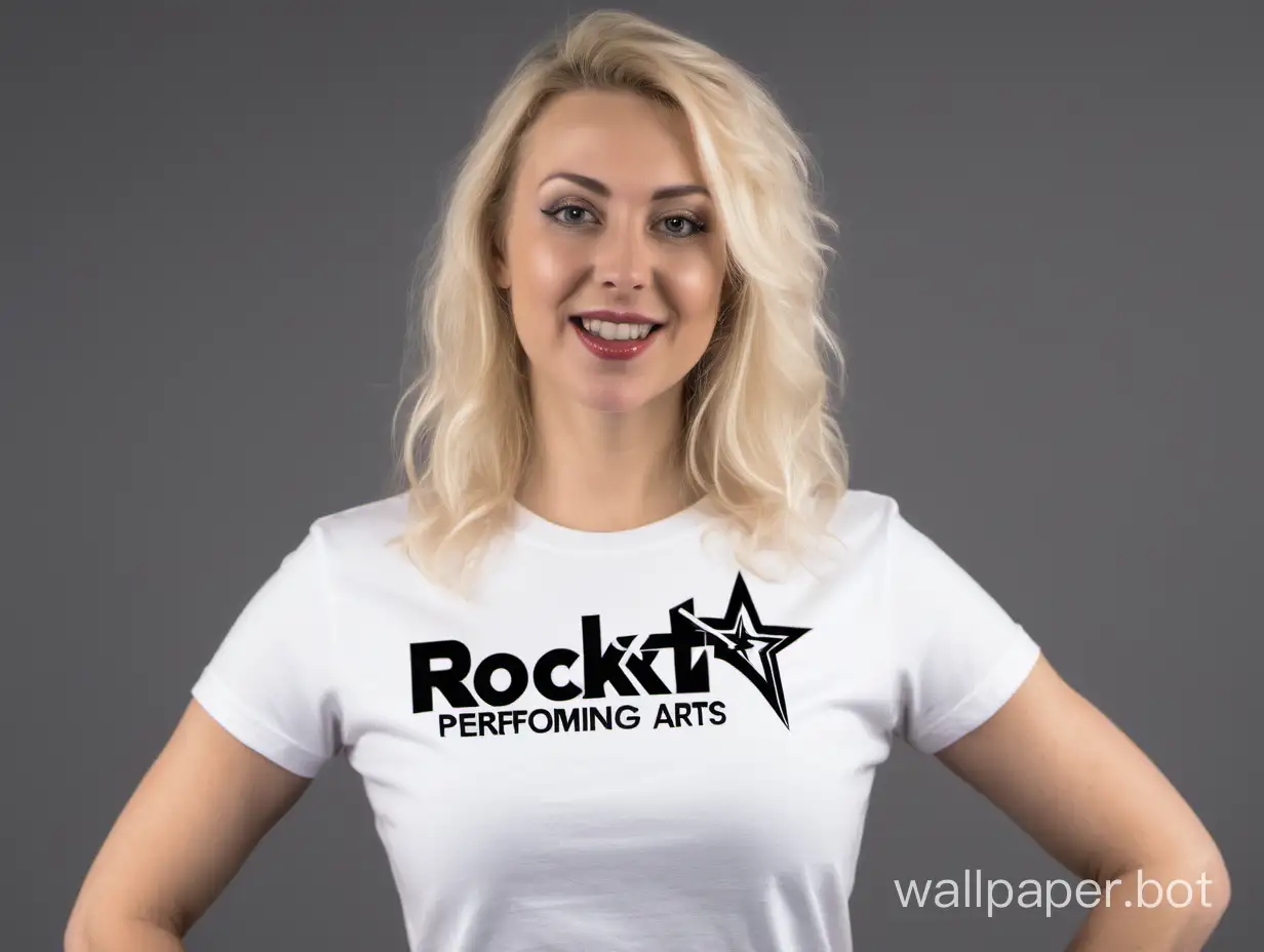 Blonde Woman wearing a Rockit Performing Arts t-shirt