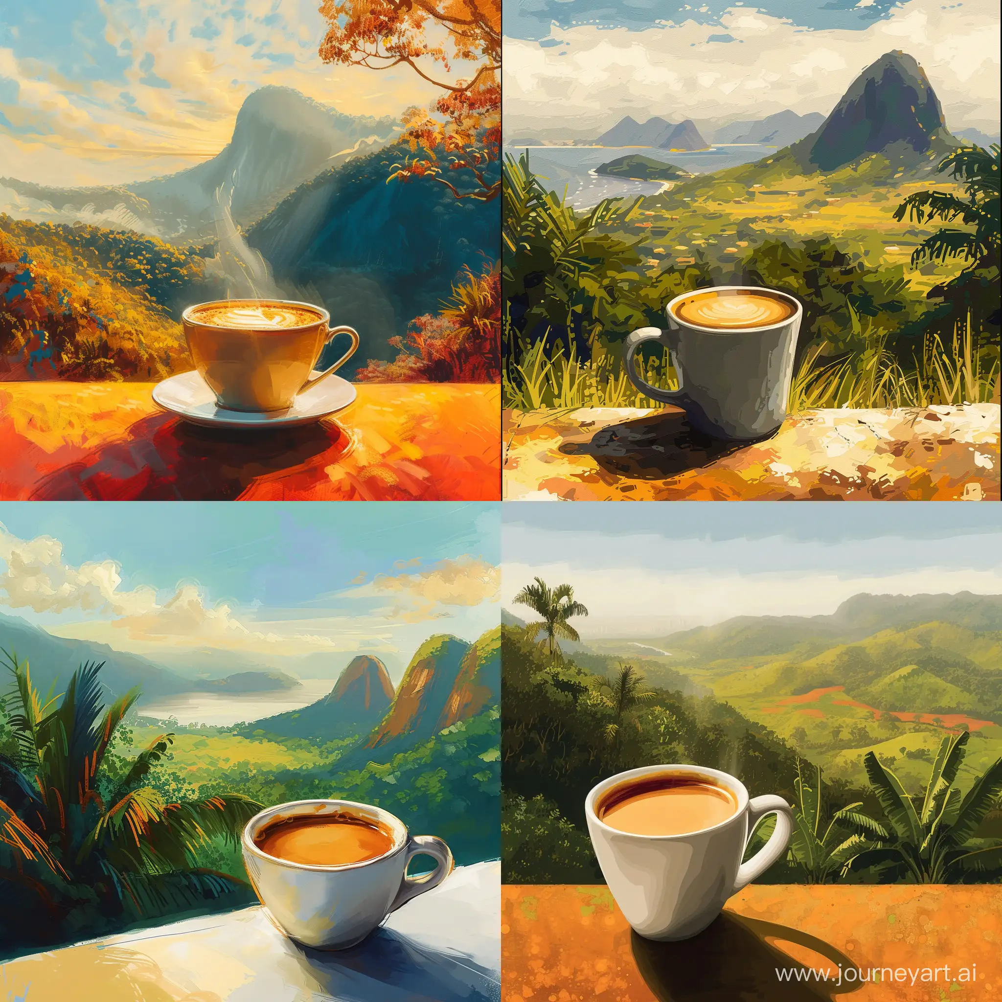 красивый пейзаж цифровая живопись, стоит горячая чашка кофе, на заднем плане бразильский пейзаж