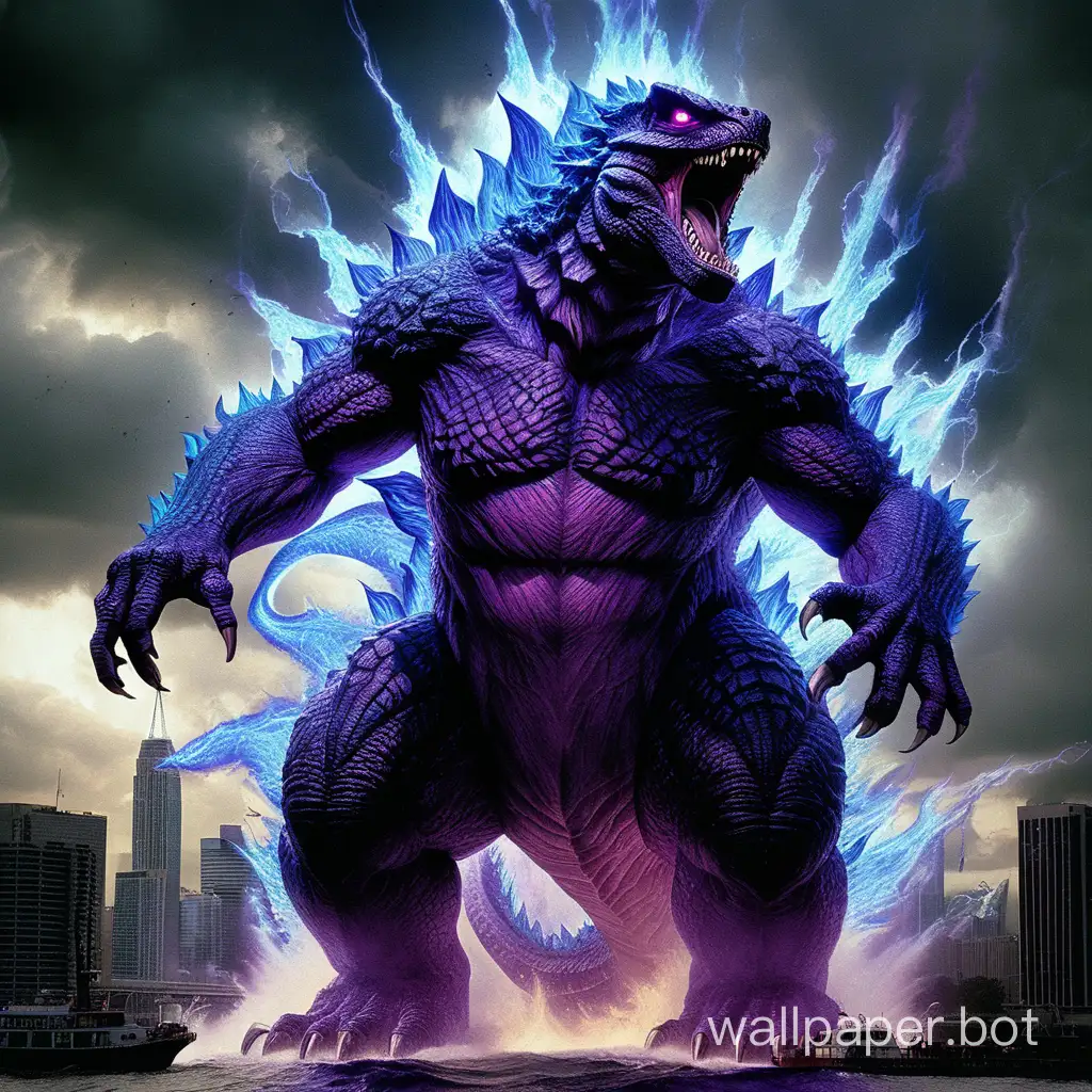 The enormous Godzilla dark purple emits blue flames from its mouth.