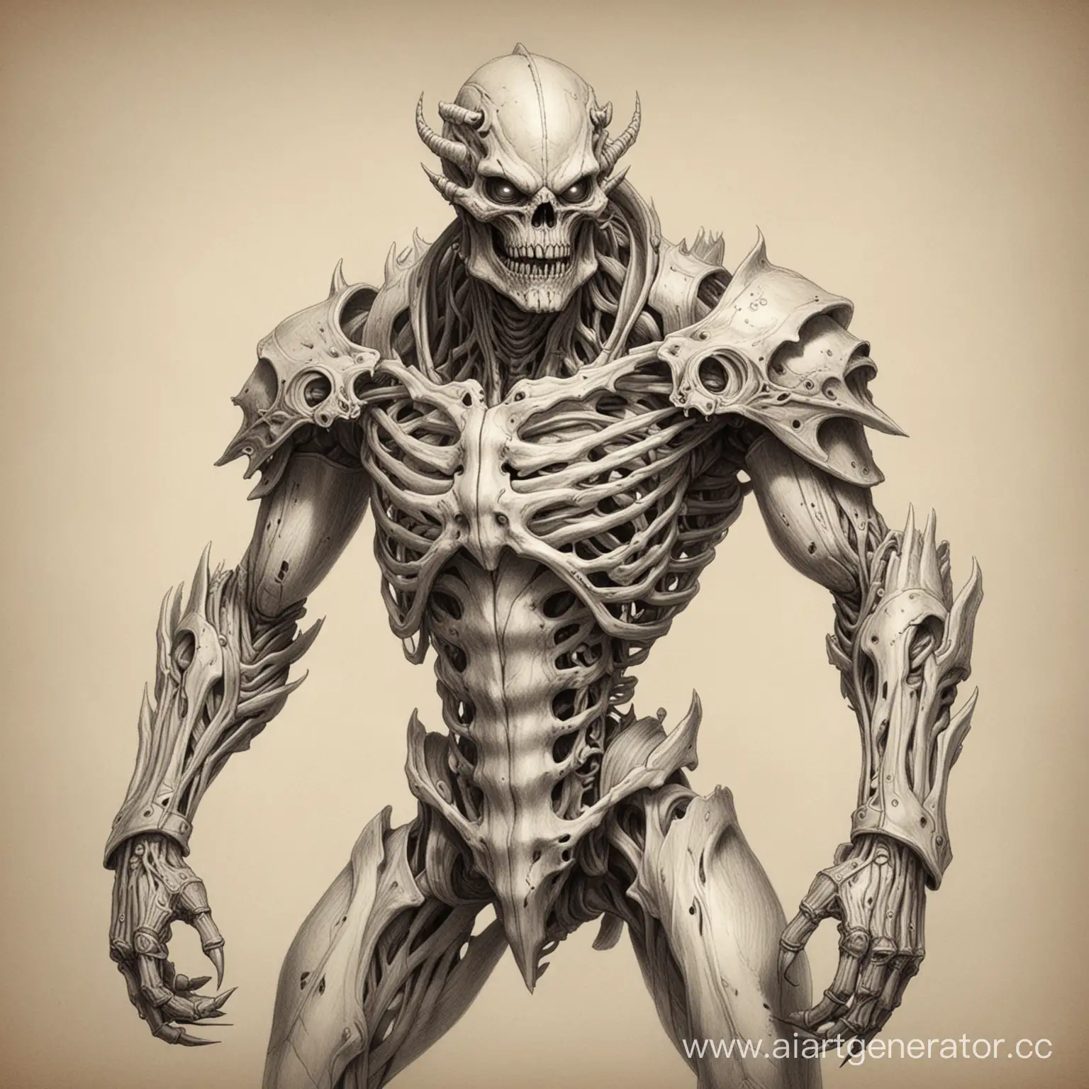 Sinister-Humanoid-Monster-with-Bone-Armor-Pencil-Drawing