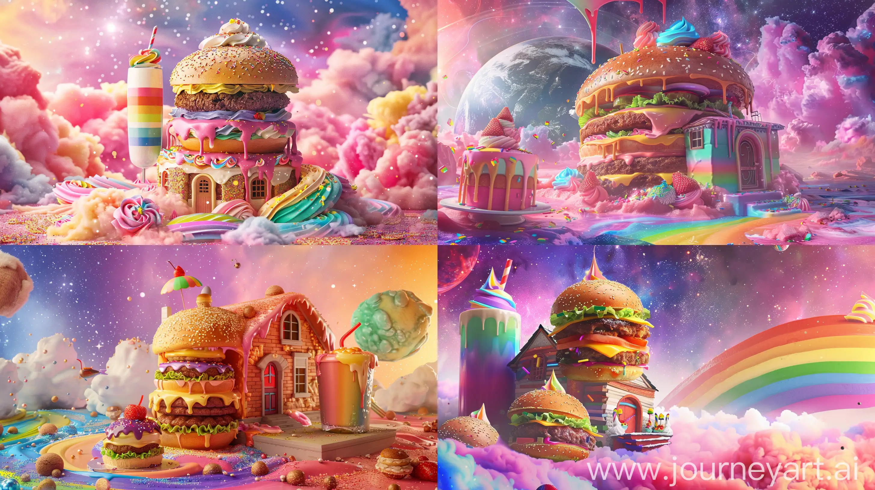 big house in the shape of burger and cake and rainbow milk, in the galaxy paradise, beautiful, fantasy style, realistic --ar 16:9