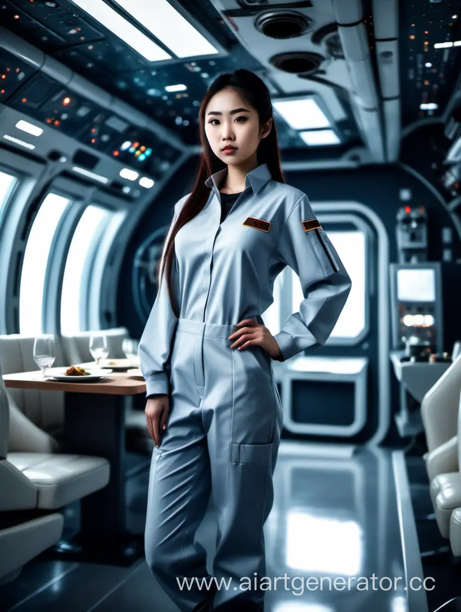 very beautiful serious semi-Asian girl, 22 years old, full height, dressed in work clothes, in the dining room of a spaceship, the world of the future, high quality, high detail