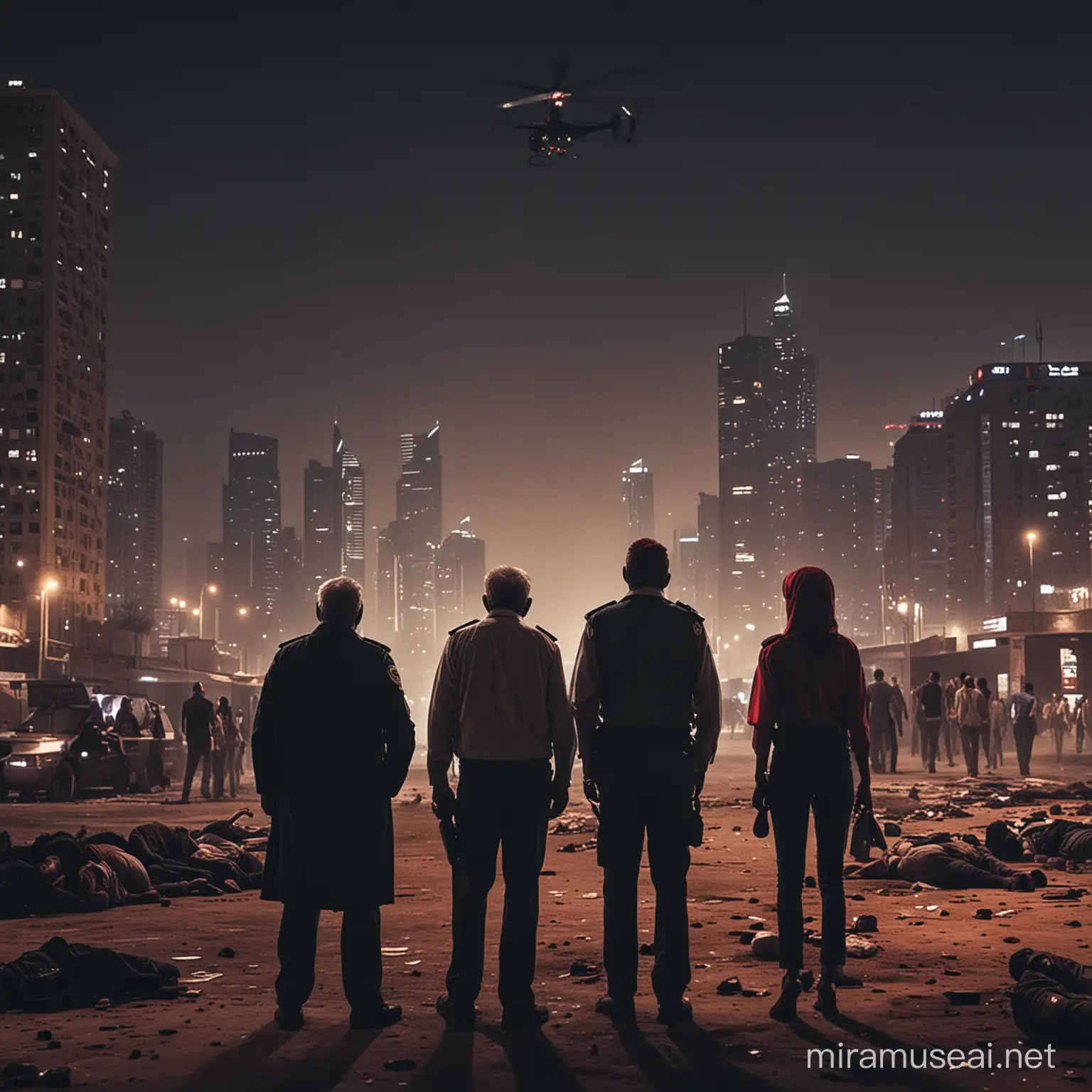 Group, 3 men, 1 women(dark red hair), fired police man, old man, another man, journey, dystopia city separated from  utopia city, war, poverty, helicopters, dead bodies, police, dark effect, skyscrapers background, night, Cairo, Egypt 