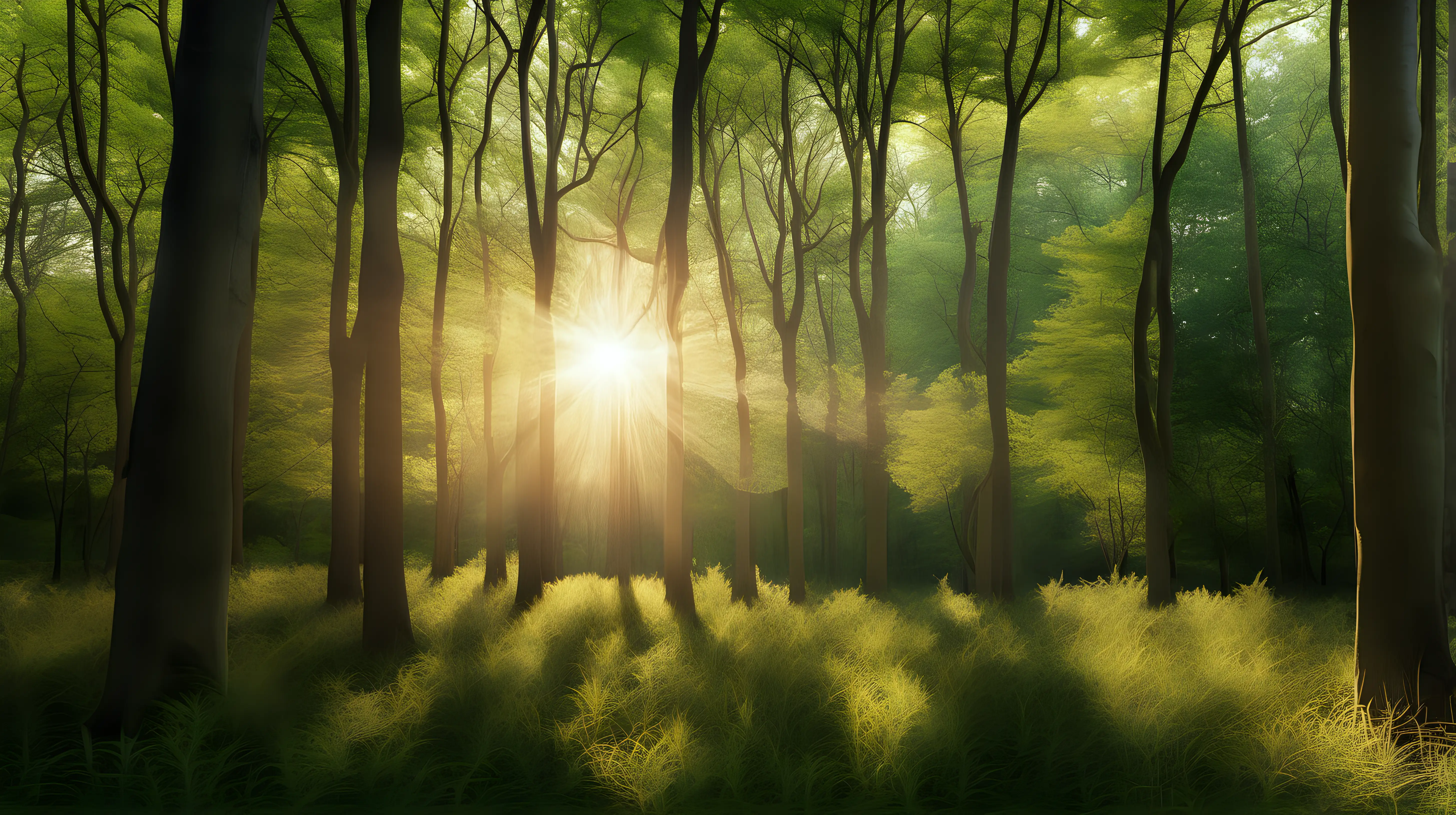 A tranquil forest clearing with the sun setting behind a canopy of trees, casting dappled light.