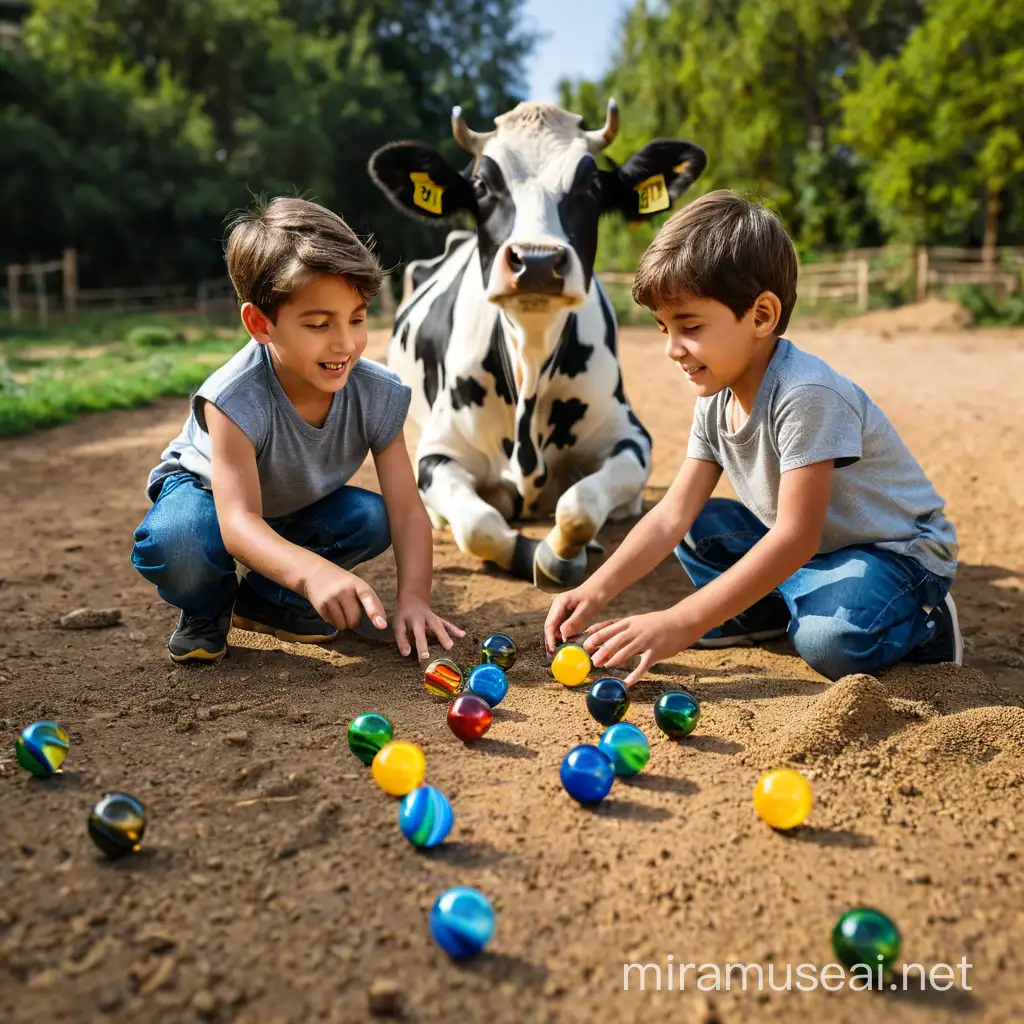 Boys Playing Marbles with a Cow in a Pastoral Scene