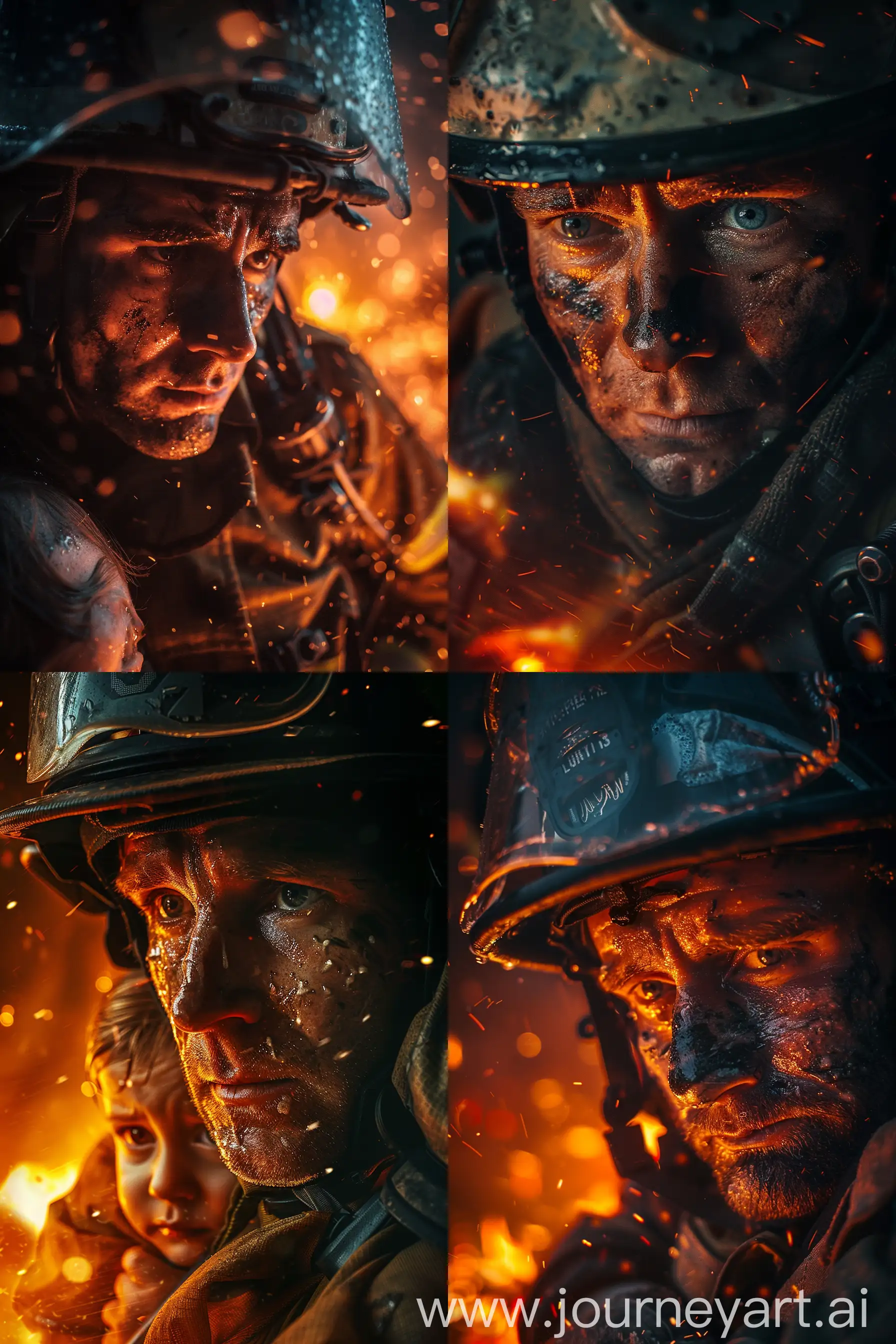 Dramatic close-up portrait of a firefighter's face, capturing the emotion, exhaustion, and heroism in his eyes. The firefighter is in full protective gear (helmet, mask, suit), with soot and sweat on his face. He is carrying a child to safety from a burning building at night. The portrait is tightly framed, with the firefighter's face filling most of the image, properly centered. Intense flames, smoke, and glowing embers are visible in the background, slightly out of focus. Cinematic lighting emphasizes the firefighter's struggle and bravery. Shallow depth of field, 85mm lens, 4k resolution --ar 2:3 --v 6