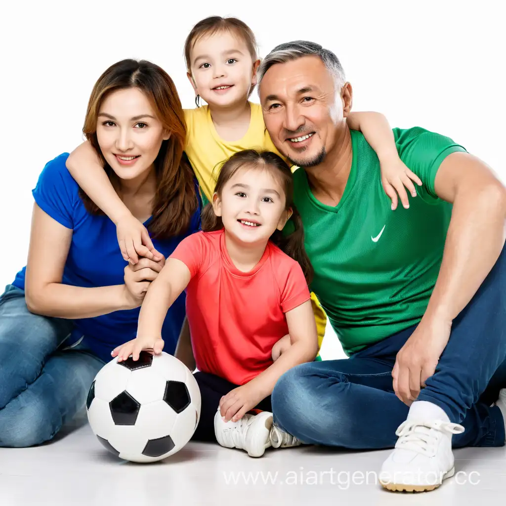 young sportish kazakh family, mother, father, son and little daugter, all family sitting on the floor. A football ball is lying near your feet. White bacground