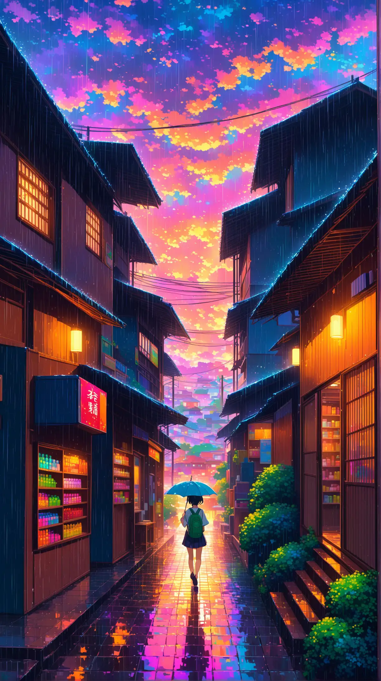 a school girl walking  on  stairs in neighbourhood of city suburb in rain evening sky ,  some small kiosk and shop, beautiful illuminate, beautiful colorful abstract , beautiful vibrant radiant rain sky with silver lining paint in abstract anime style, generative art, 8k , illustration, anime, acrylic palette knife, trending pixiv fanbox, abstract ghibli style, stable diffusion, 3D render, ultra ultra detailed, best composition, best quality, detailed rain, abstract style