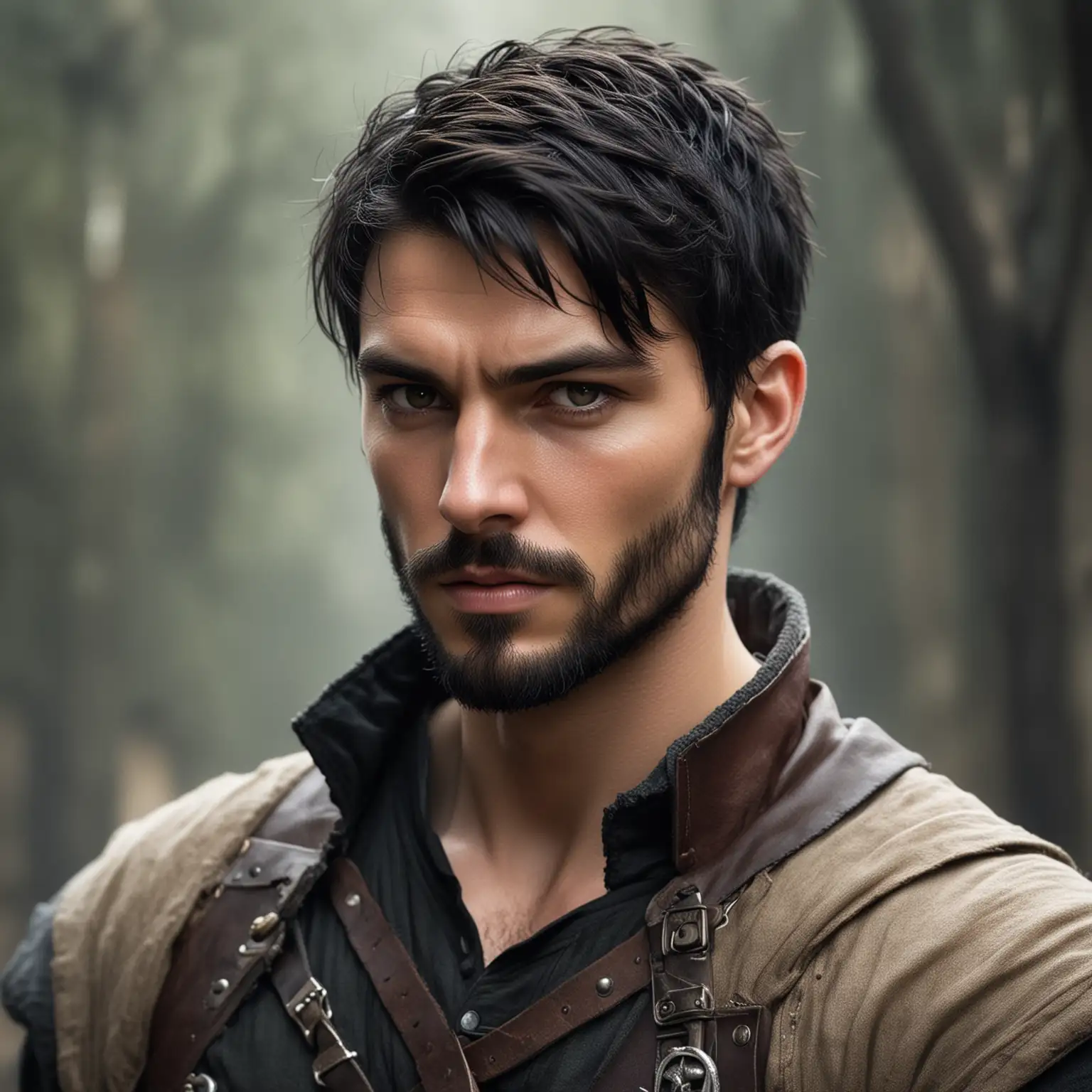 Ruggedly Handsome pale human rogue with short black hair and a short, well kept beard. Fantasy Setting. He looks fierce
