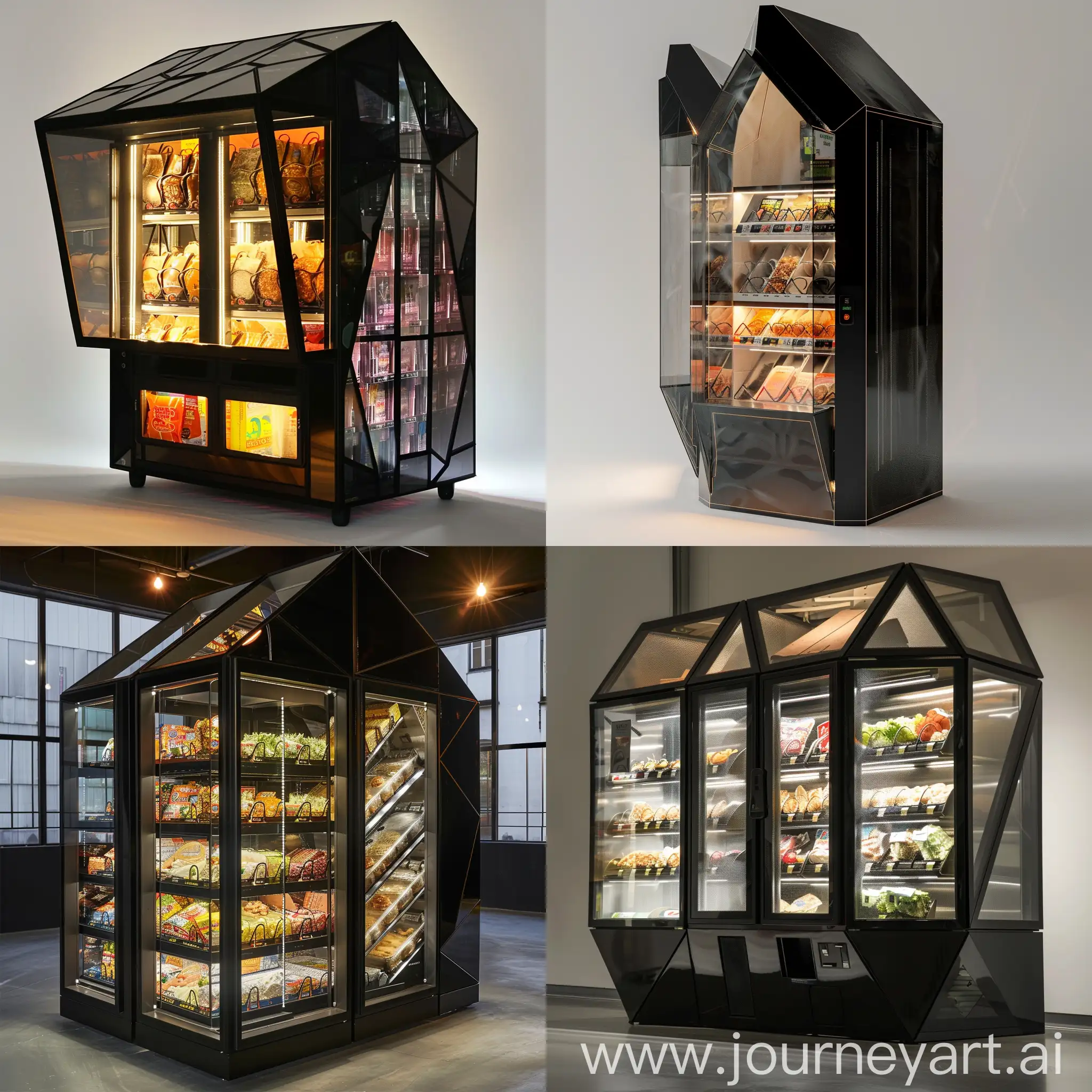 design me a frozen food vending machine as big as a newsstand with a unique architectural style in black glass and a play of light