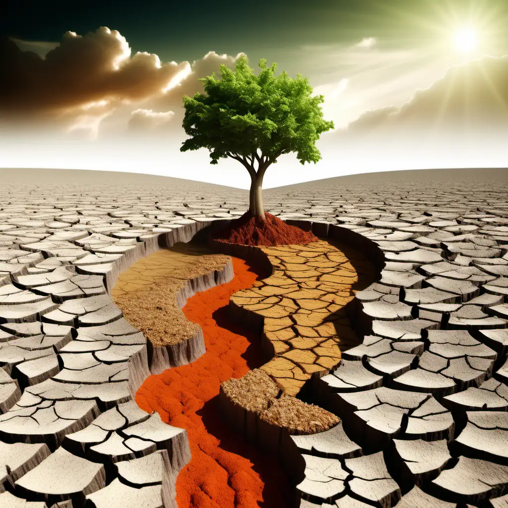 create an image representing climate change and the food industry. show desertification, biodiversity loss and rising temperatures


