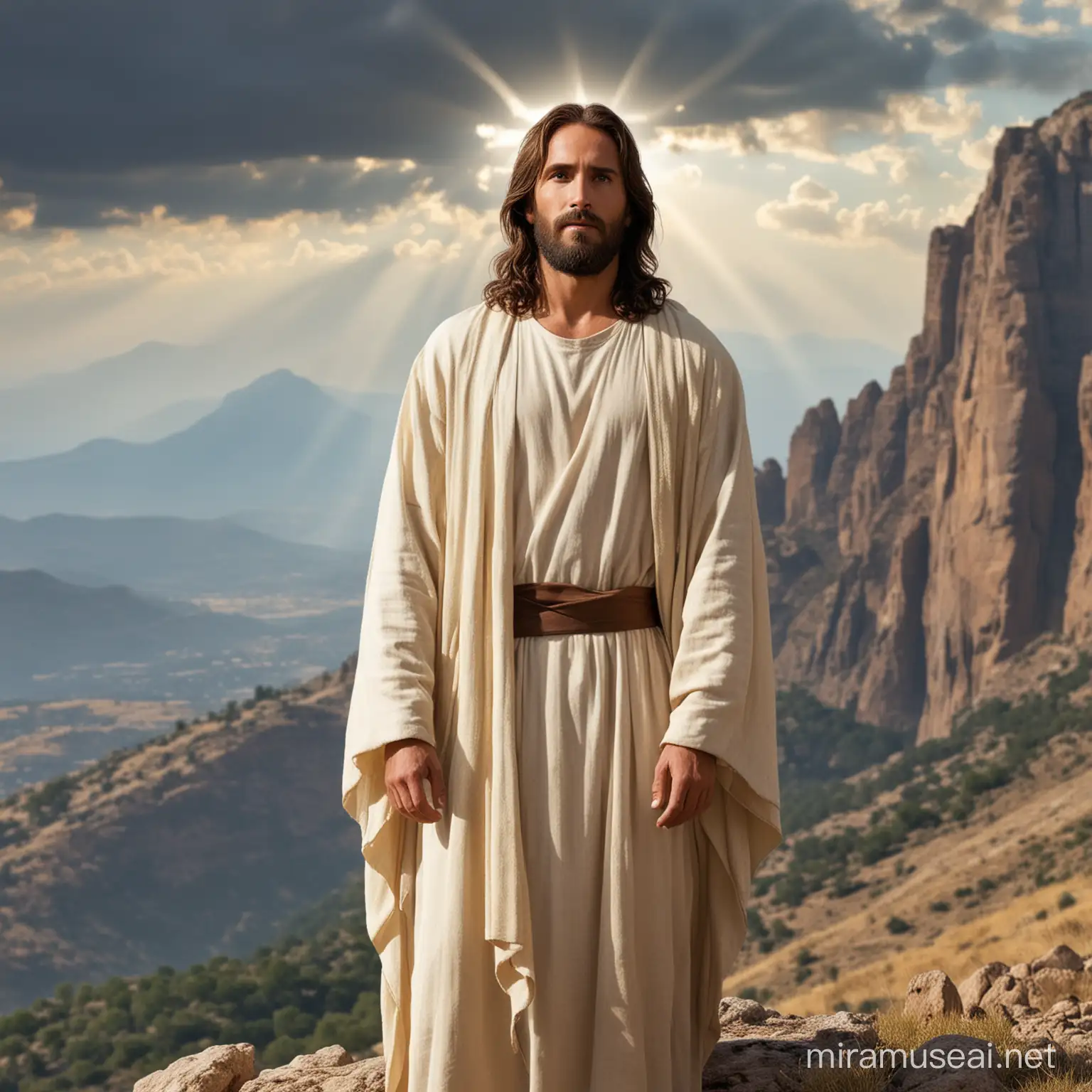 portrait of Jesus standing above mountain