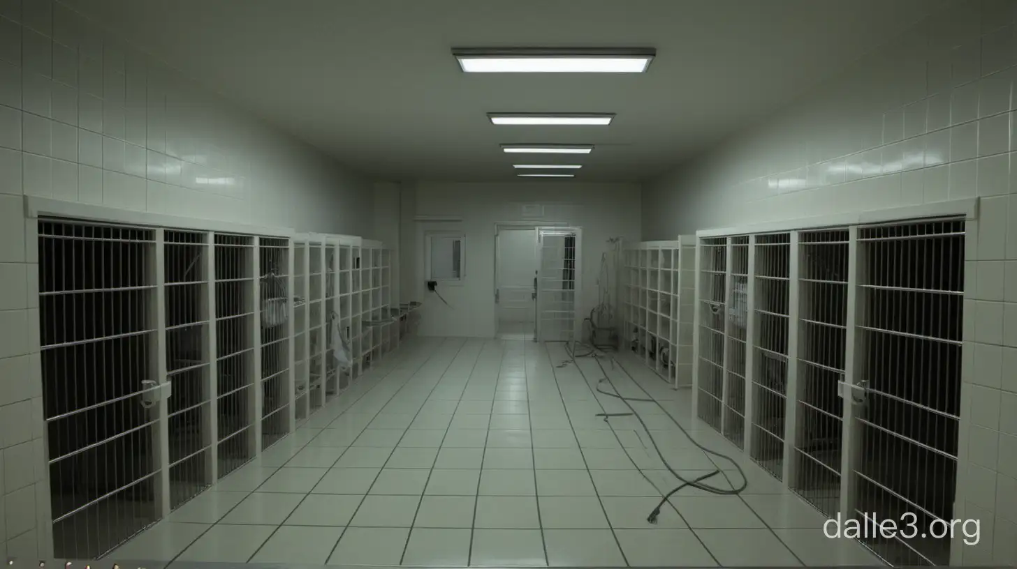 Animal cages are far apart and separated in a completely sterile environment. There is white tiles for flooring and the only source of light is the hallway lights. The other walls are completely solid. There are no windows. 