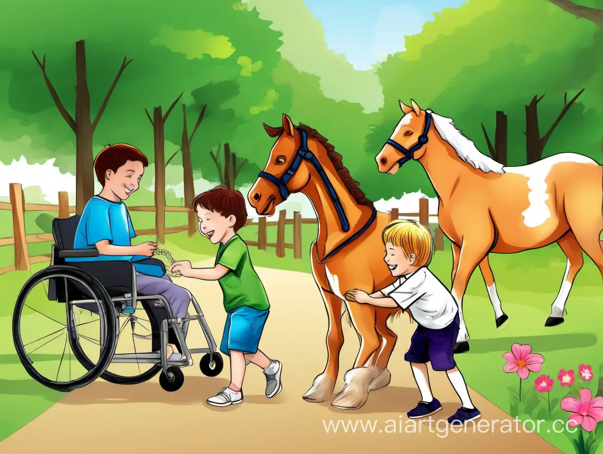На картине изображены дети с синдромом детского церебрального паралича (ДЦП), занимающиеся реабилитацией на свежем воздухе. Дети с улыбками играют с животными - лошадьми, собаками и кошками, которые также помогают им в реабилитационном процессе. Рядом с детьми находятся инструкторы и специалисты, которые помогают детям в упражнениях и играх. Вокруг красивая природа - зеленые деревья, цветы и яркое солнце. Все это создает атмосферу позитива, радости и надежды.