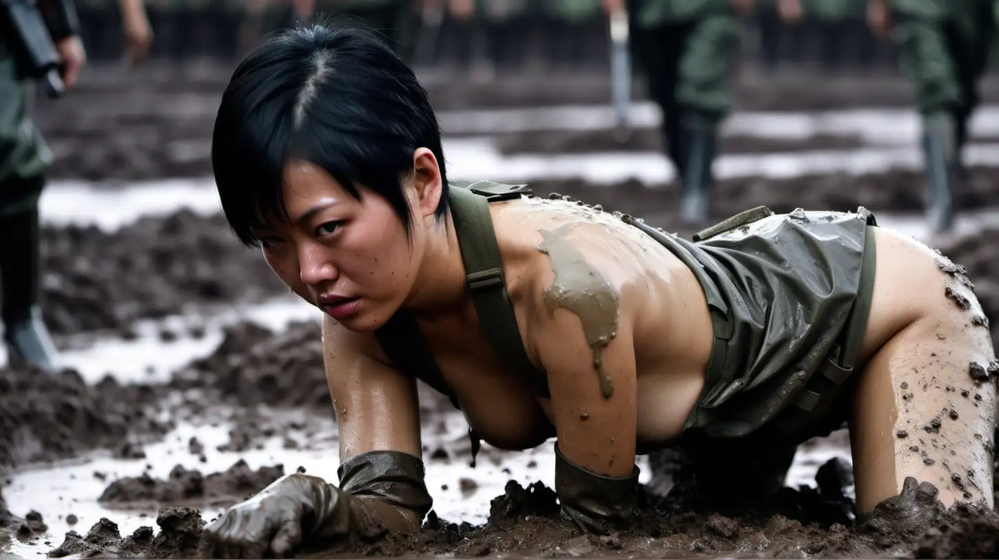 Chinese Female Soldiers Training in Mud with Short Black Hair