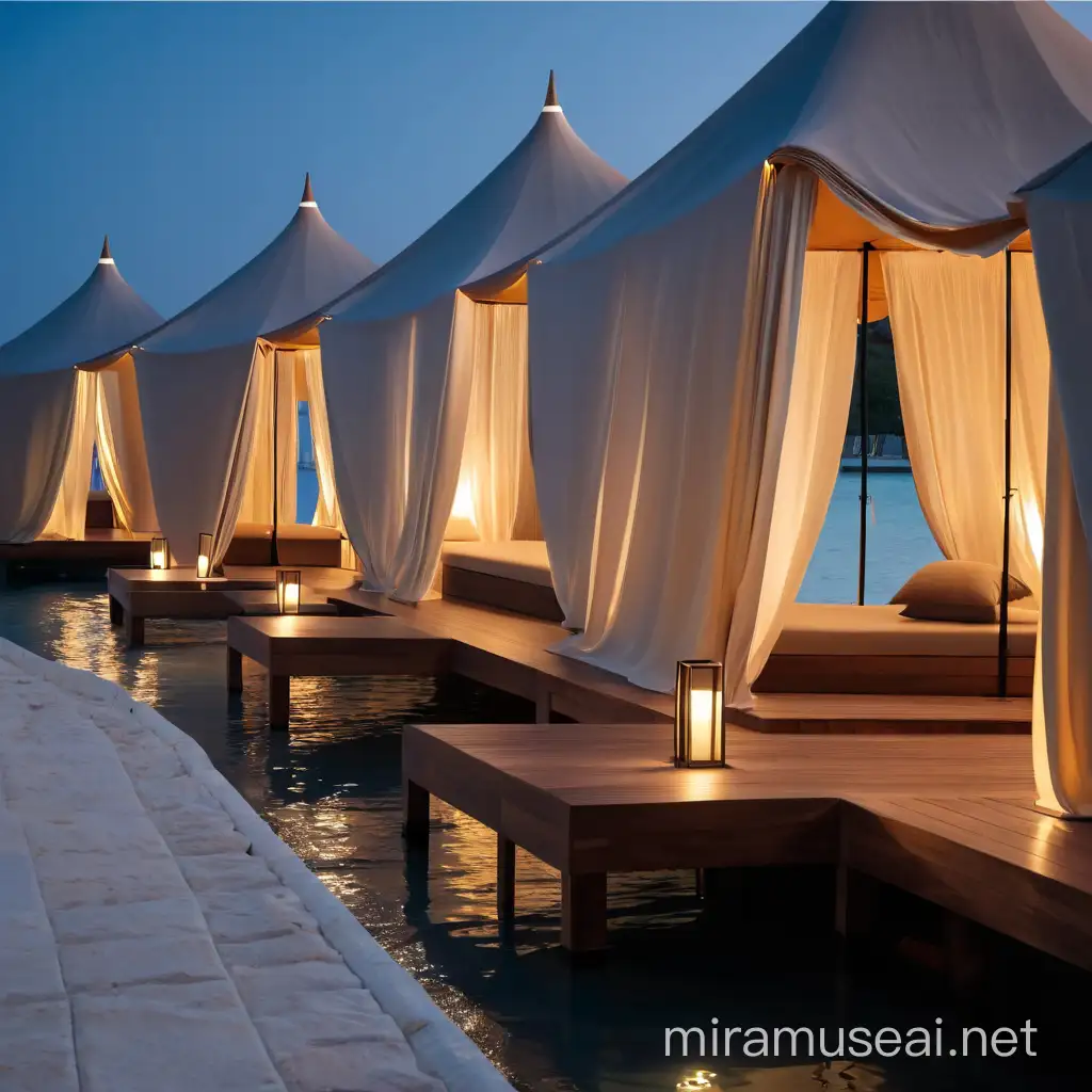 Pier cabana, luxurius, minimalist, thin structure, textile surface, curtain, ambient, night, realistic, calm, architecture, warm light, shell daybed, wood, peace, elegance, modern, quiet, tent-like structures, aesthetic, peaceful, 
