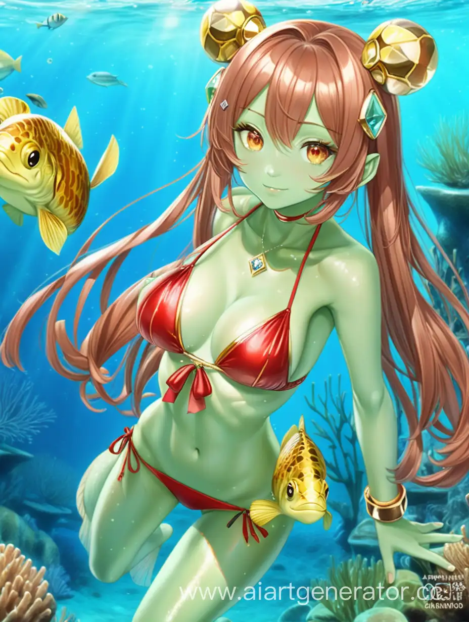 anime girl-amphibian, with light green skin, underwater, in red and golden bikini, with fish shaped ears, light diamond eyes, brown double bun hair,
