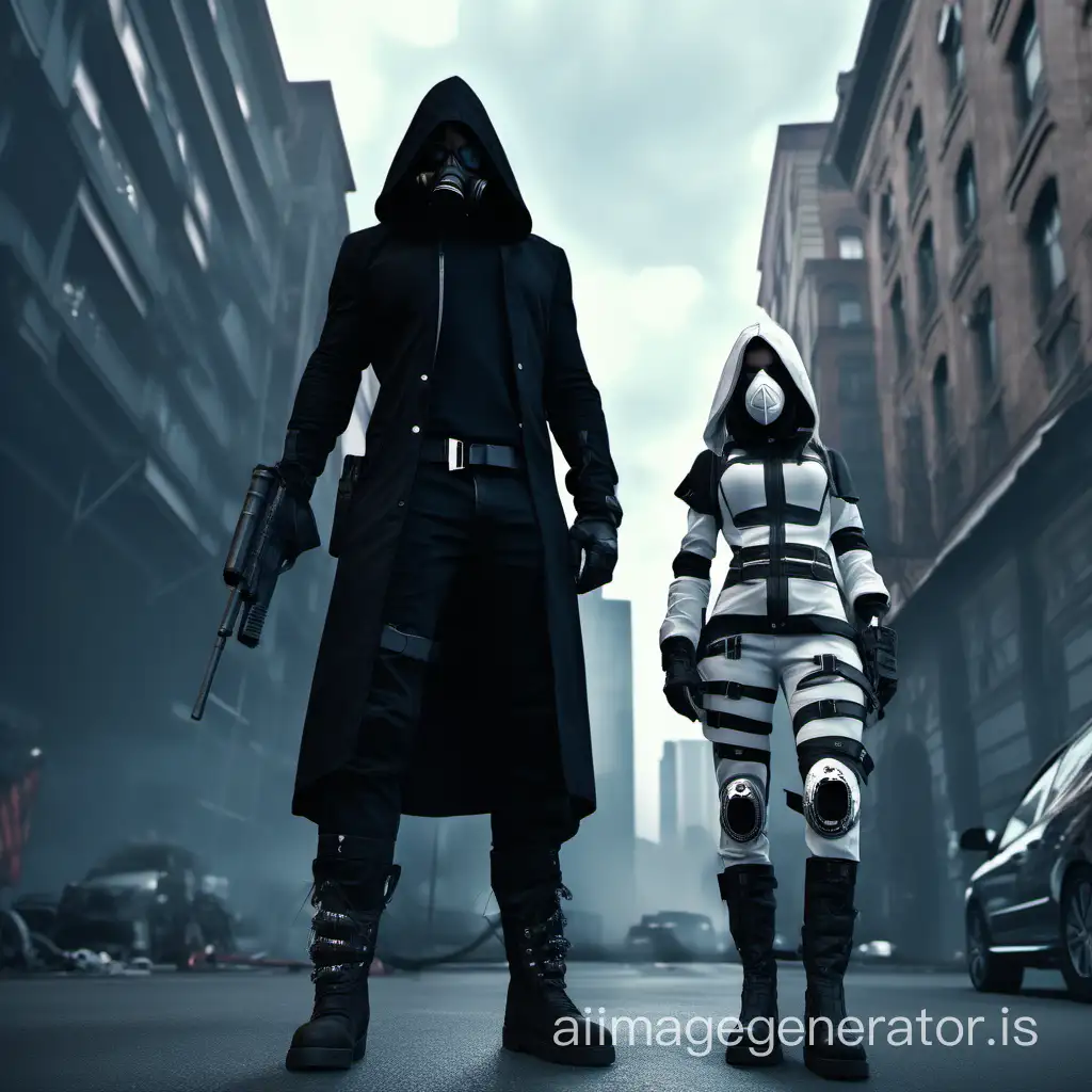 A man in black special clothing with black gloves in a gas mask with a black hood in black boots stands next to him a girl in white assassin armor in the city. 4k,8k,HDR,UNREAL ENGINE 5