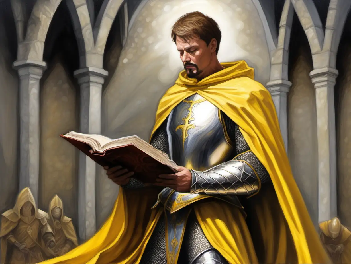 full silver armor paladin, short brown hair, goatee, yellow cape, reciting healing spell, fatigued, Medieval fantasy painting