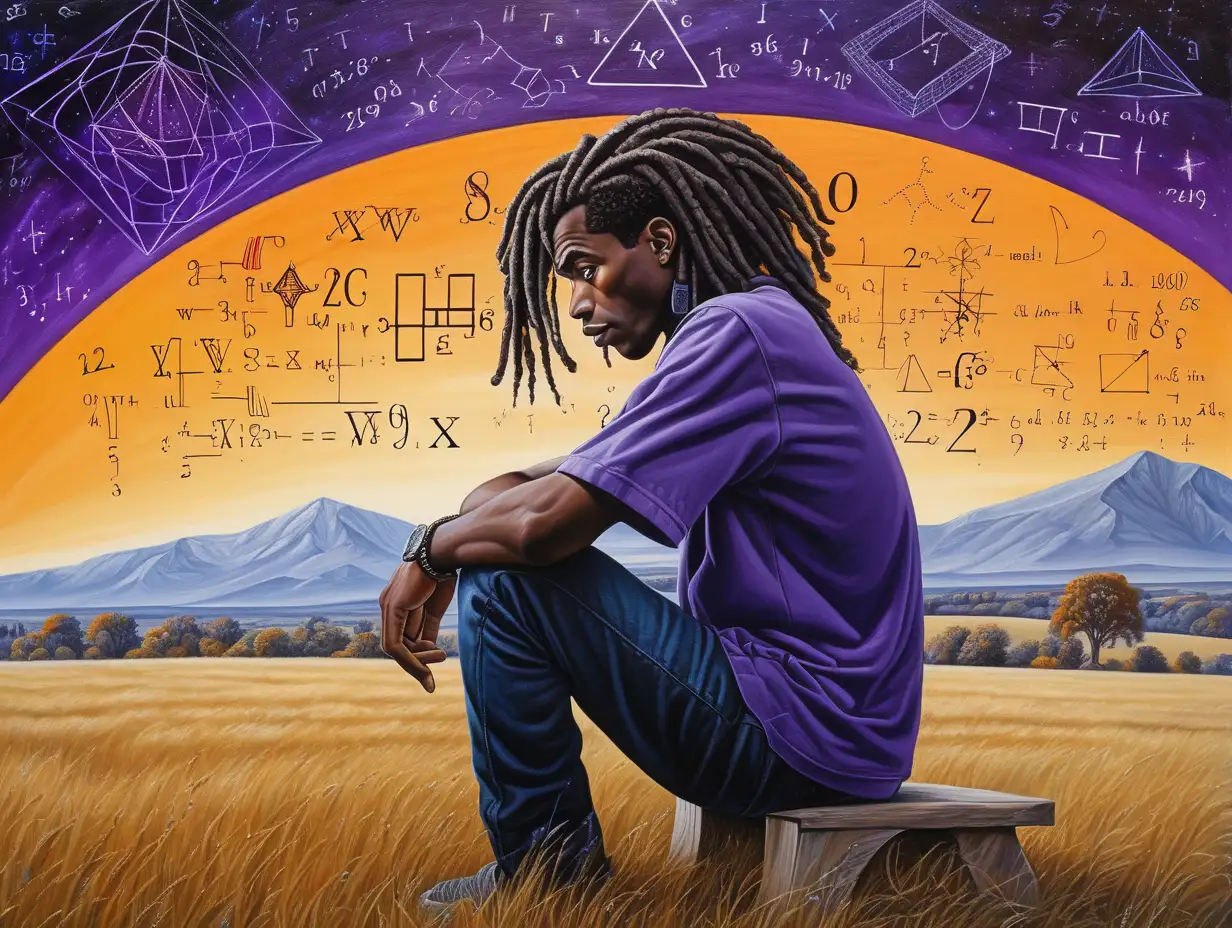 an artistic masterpiece depicting the true meaning of intelligence
purple black orange
young black man sat thinking in a field, while he thinks about maths equations, astrophysics, politics, and art
Show his thoughts coming out of his head
the man has short dreadlocks