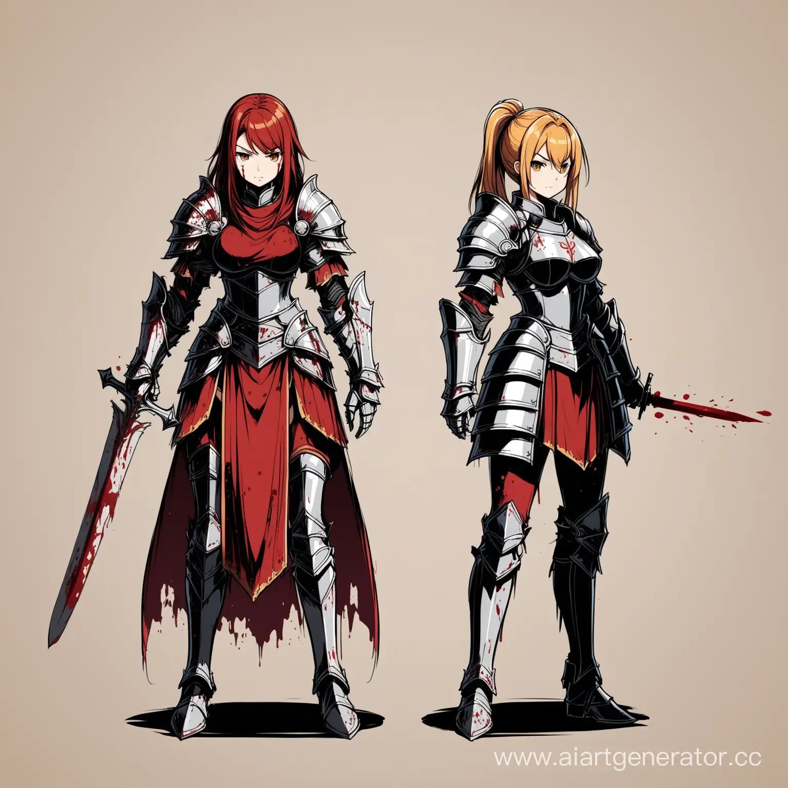 Concept art warrior, anime style, 2 girl, knight armor blood color 