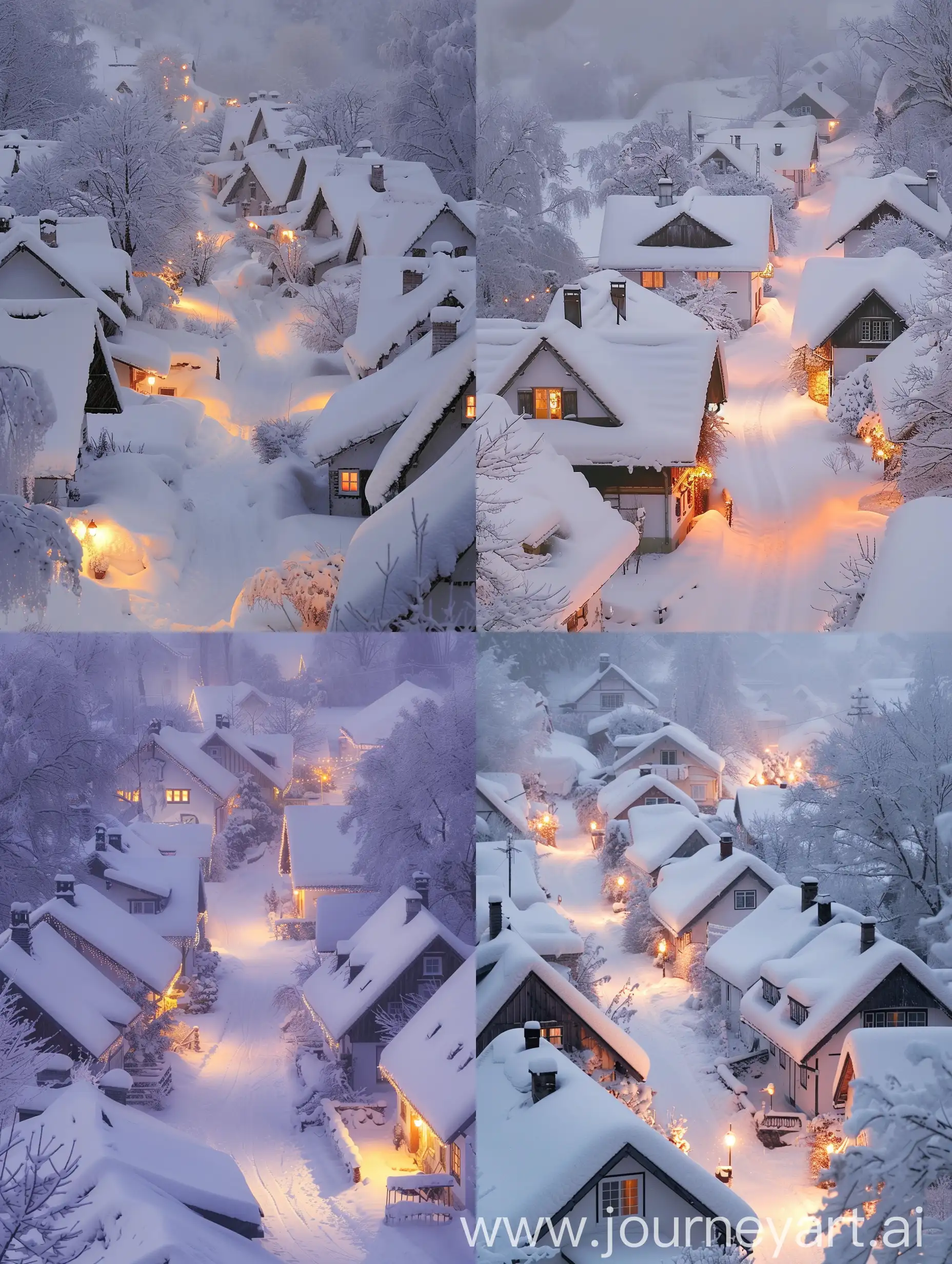  {"prompt":"A picturesque winter scene just after a snowfall has ceased. The setting is a quaint village with traditional houses covered in fresh snow, their roofs bearing the weight of the white blanket. The streets are untouched by footsteps, revealing the pristine nature of the new snow. Warm lights emanate from the windows of the homes, casting a golden glow that reflects off the snow, creating a contrast with the dark, tranquil night. A soft haze lingers, suggesting the recent end of the snowfall. The trees around the village are frosted with snow, standing as silent witnesses to this serene moment.","size":"1024x1024"}