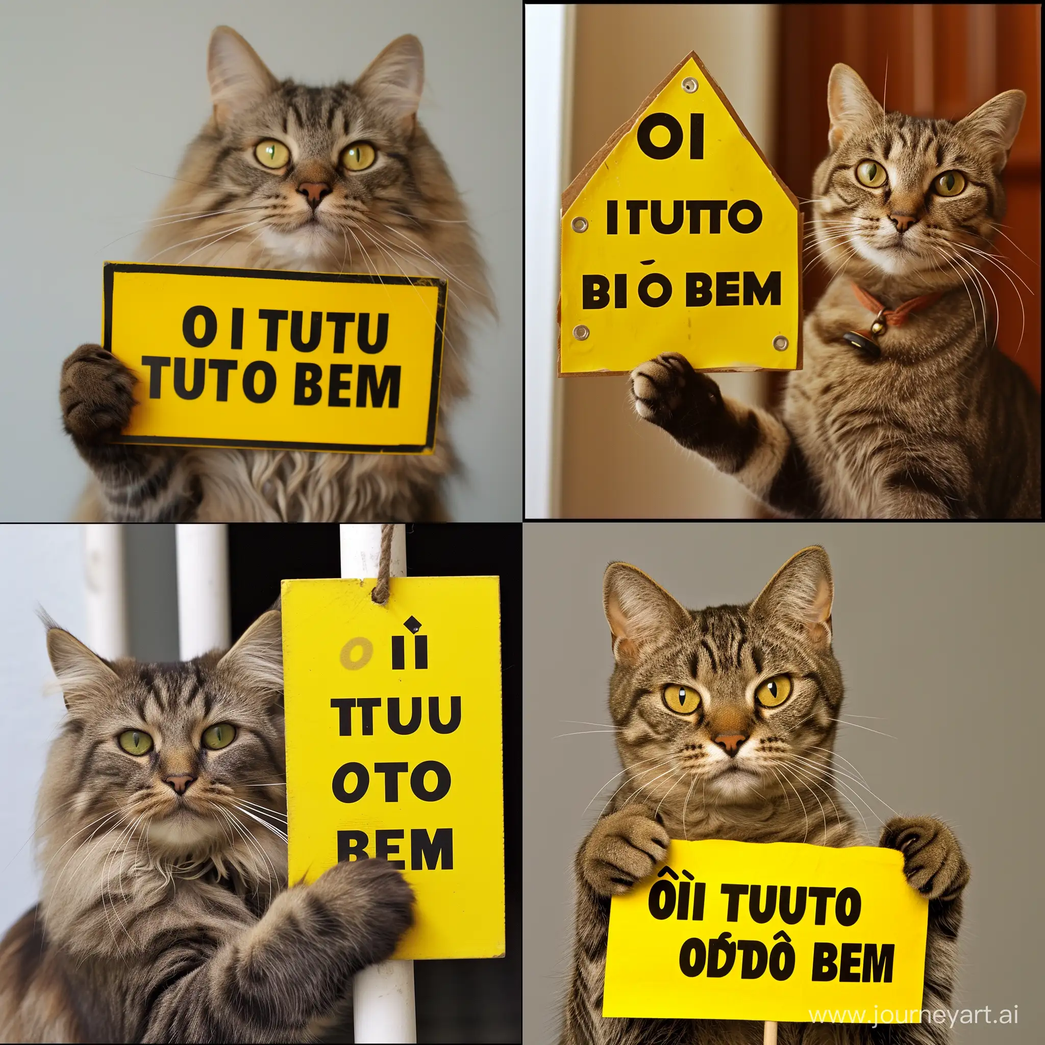 A CAT IS HOLDING A YELLOW SIGN WITH THE BLACK TEXT "OI TUDO BEM"