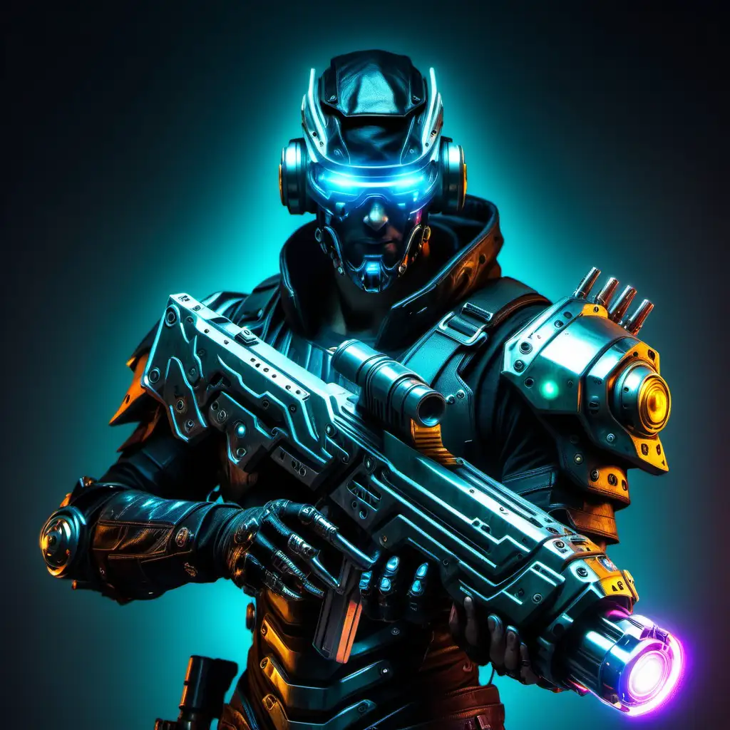 Cyberpunk man in a glowing eyed helmet and armor, he is holding a large glowing rail gun.