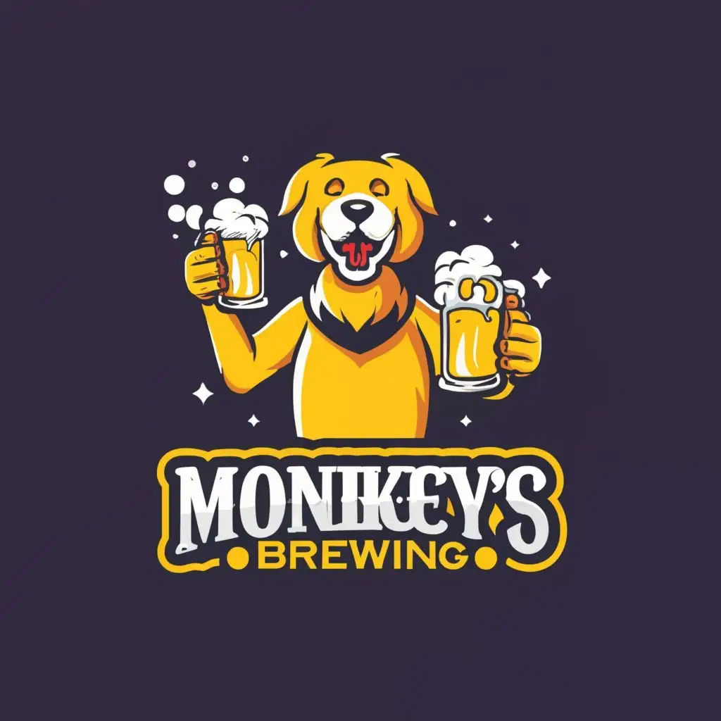 LOGO-Design-For-Monkeys-Brewing-Playful-Yellow-Dog-with-Beer-Emblem